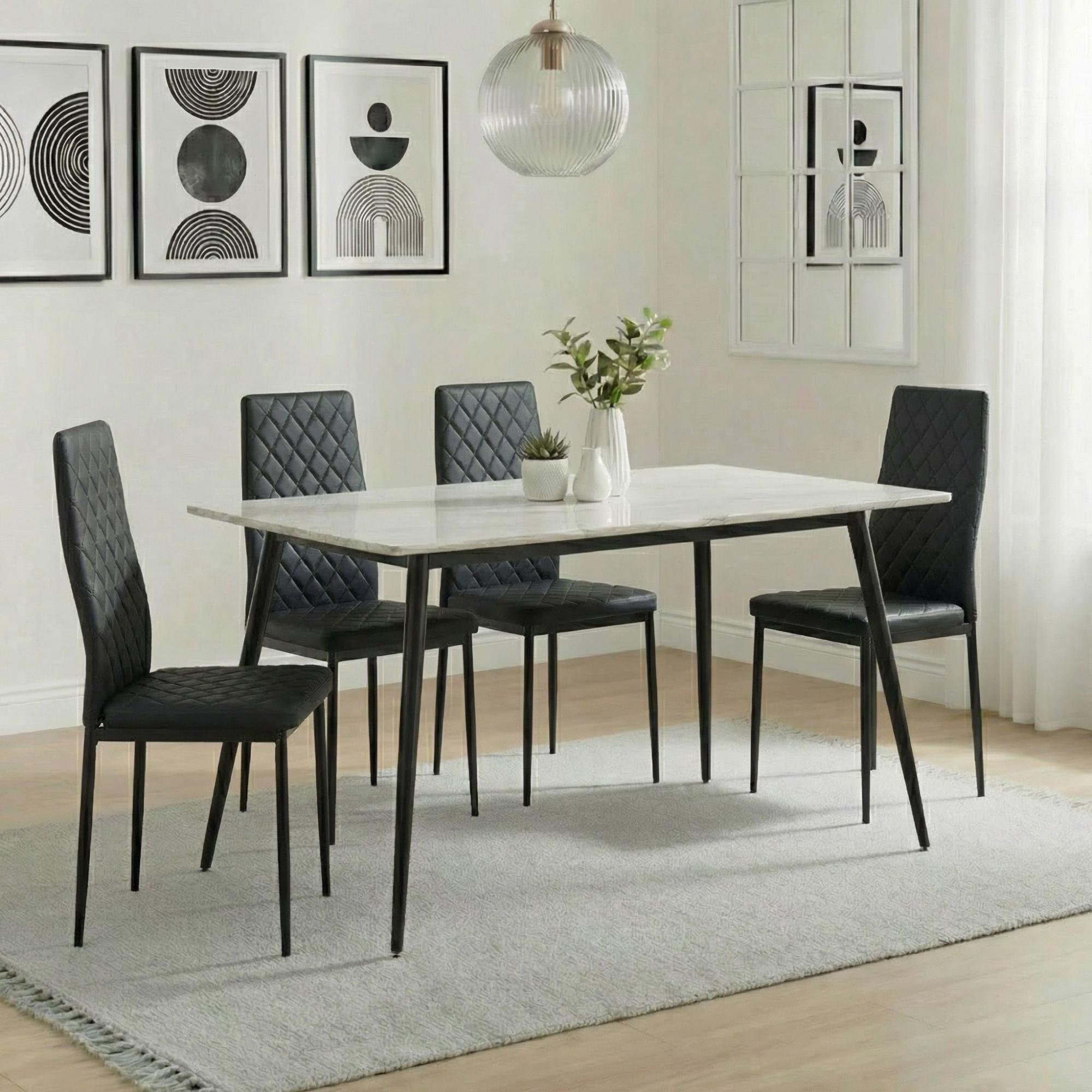 2 x Free Chairs - Breton Compact Dining Set - 4 Seater - 120cm - White Ceramic - 2x Metro Dining Chairs - Black Leather - Black Legs