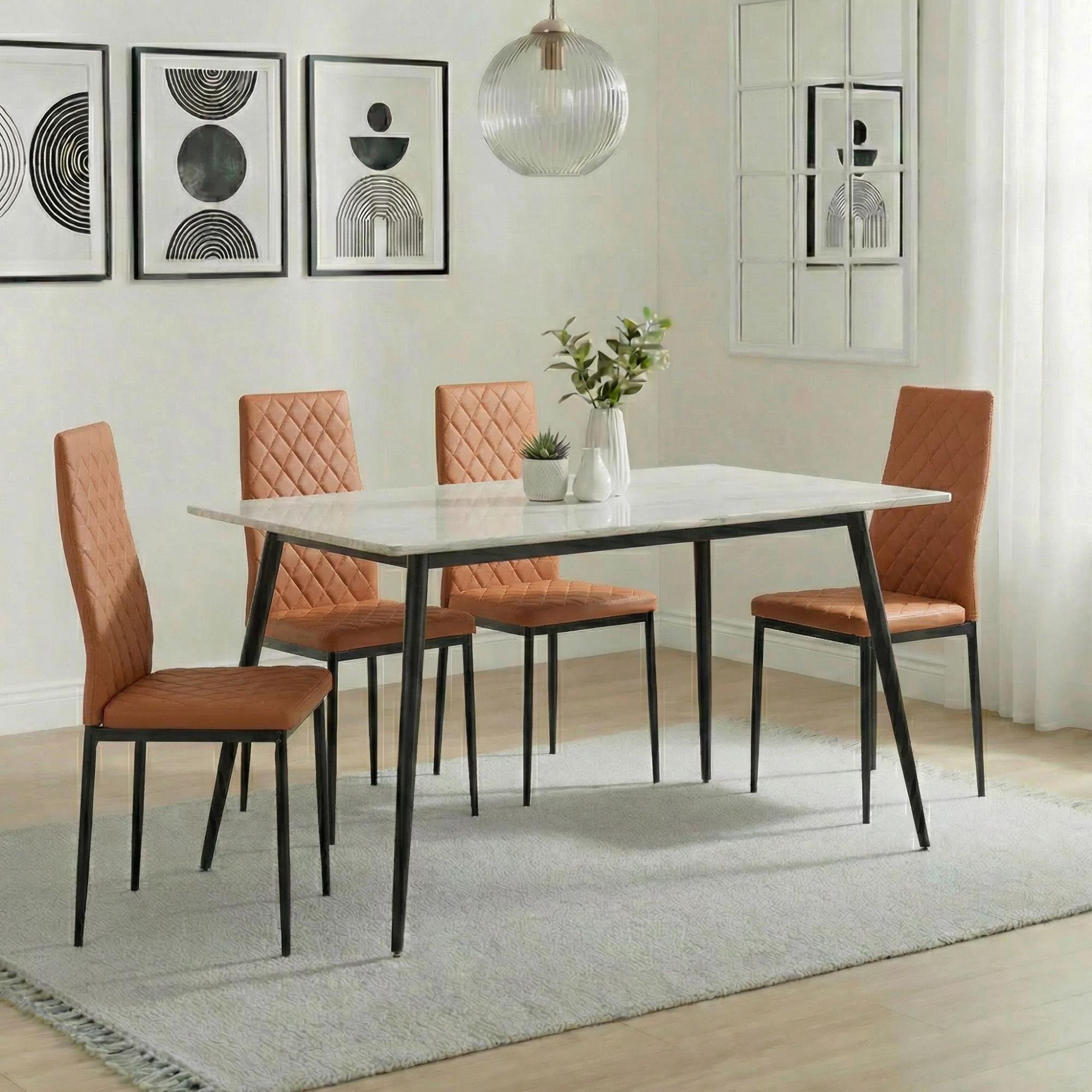 2 x Free Chairs - Breton Compact Dining Set - 4 Seater - 120cm - White Ceramic - 2x Metro Dining Chairs - Burnt Orange Leather - Black Legs