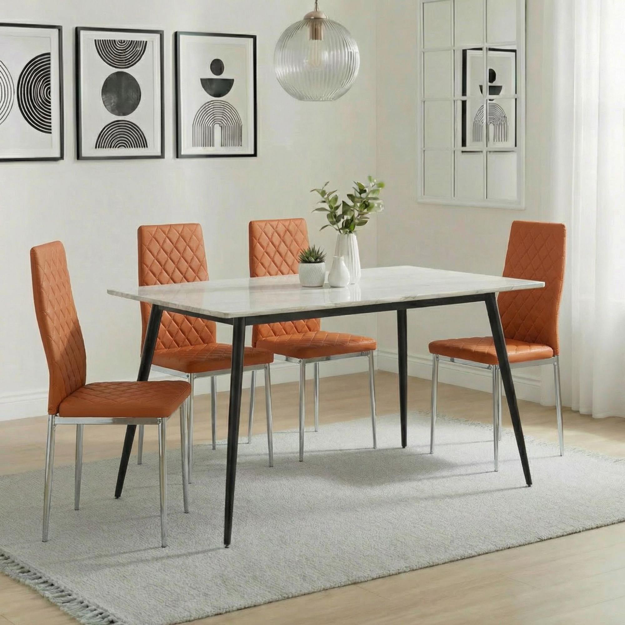 2 x Free Chairs - Breton Compact Dining Set - 4 Seater - 120cm - White Ceramic - 2x Metro Dining Chairs - Burnt Orange Leather - Chrome Legs