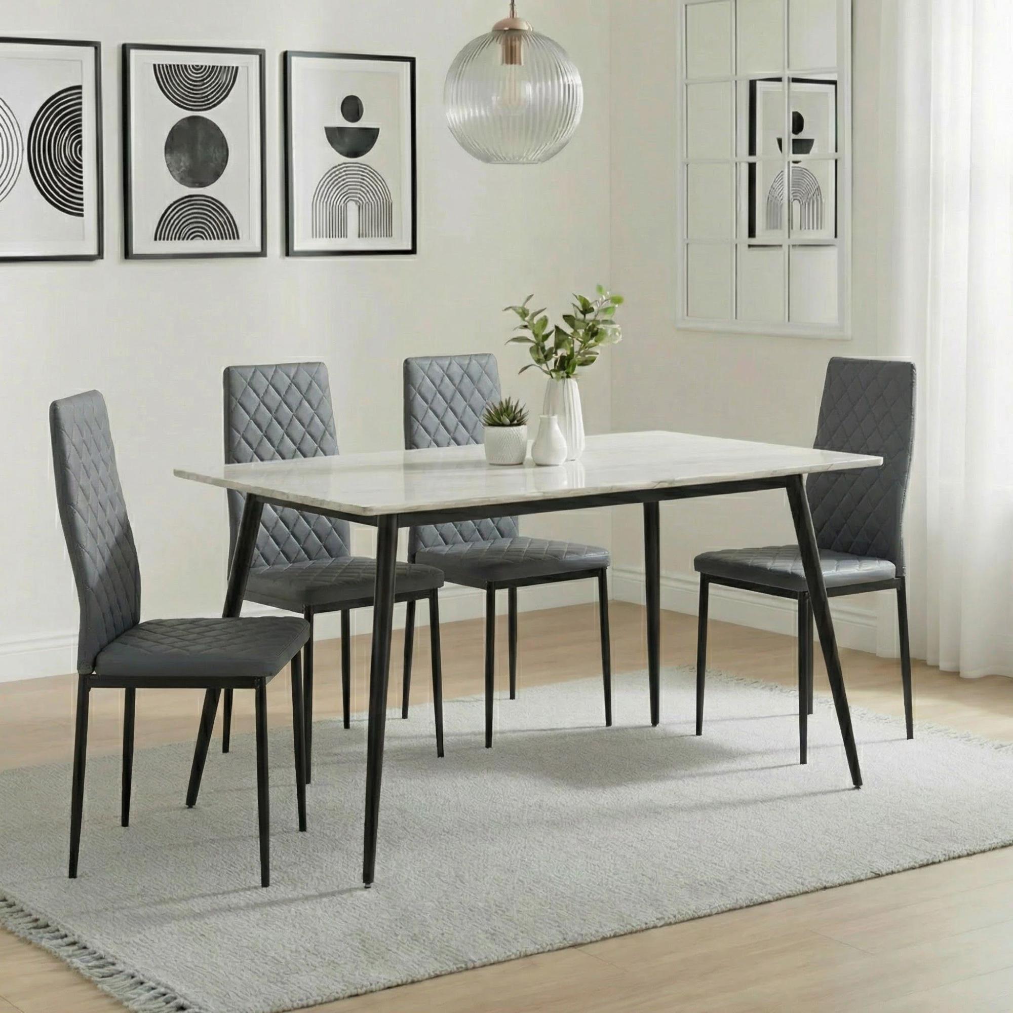 2 x Free Chairs - Breton Compact Dining Set - 4 Seater - 120cm - White Ceramic - 2x Metro Dining Chairs - Grey Leather - Black Legs