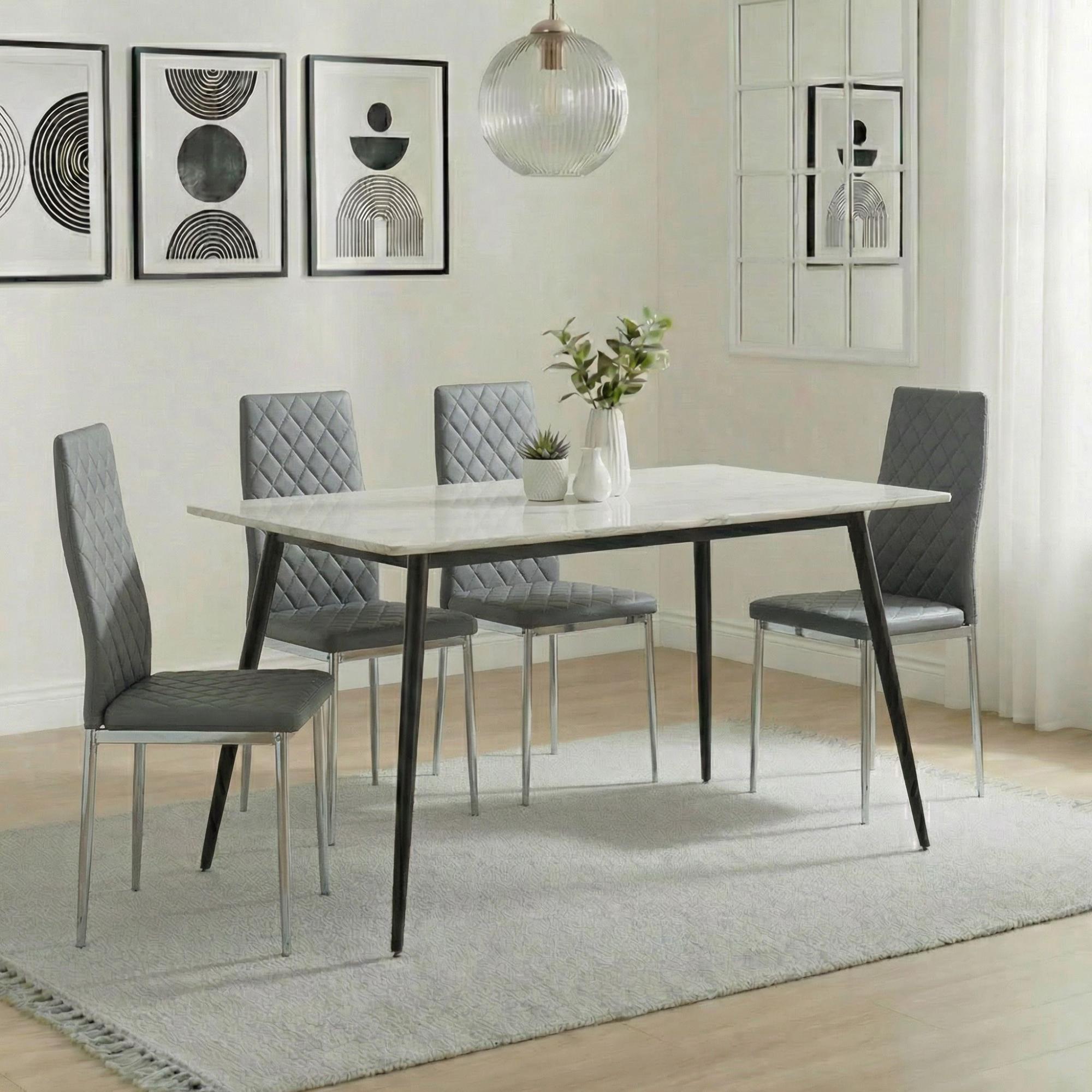 2 x Free Chairs - Breton Compact Dining Set - 4 Seater - 120cm - White Ceramic - 2x Metro Dining Chairs - Grey Leather - Chrome Legs
