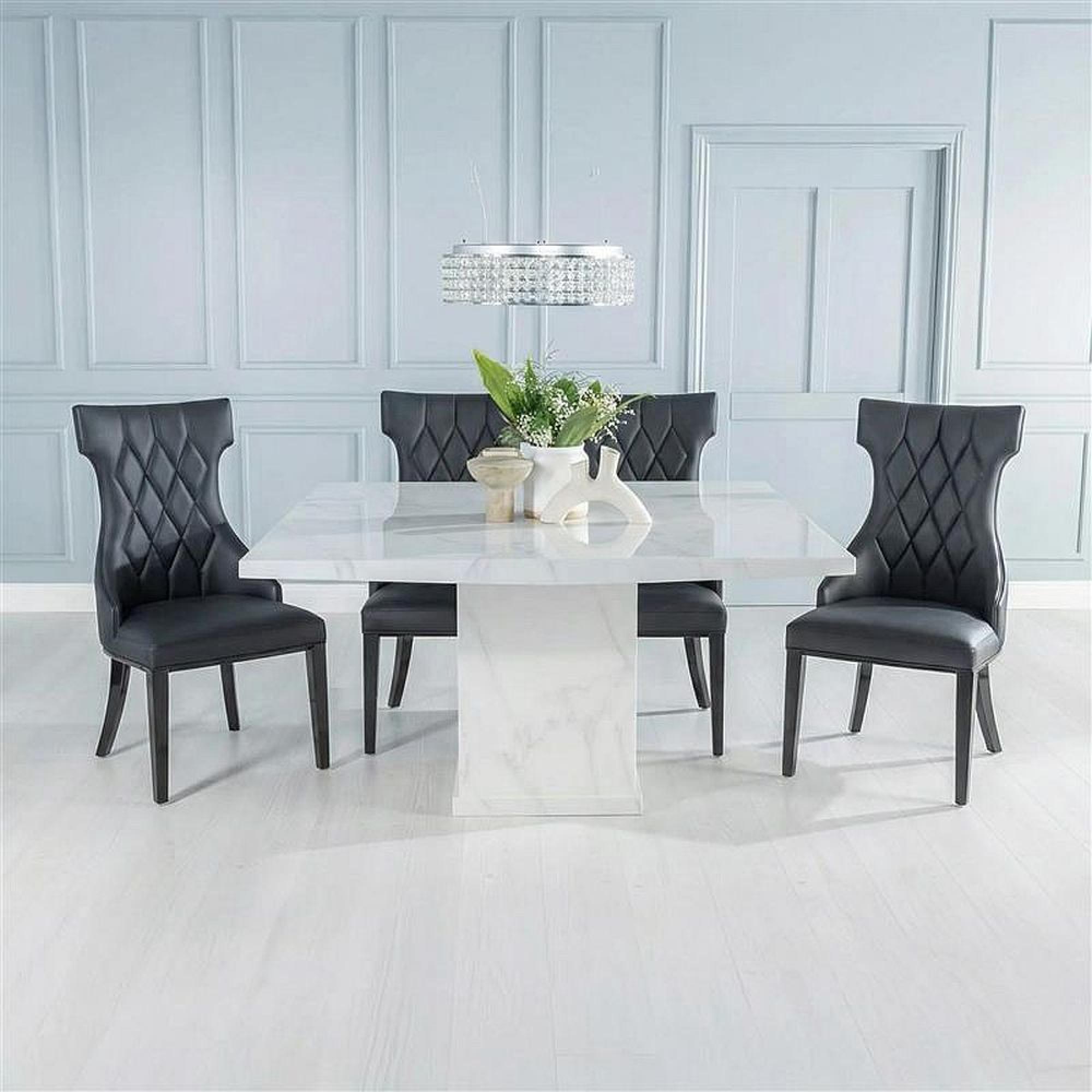 2 x Free Chairs - Turin Dining Set - 8 Seater - 140cm - Square - White Marble - Mimi Chairs - Black Faux Leather