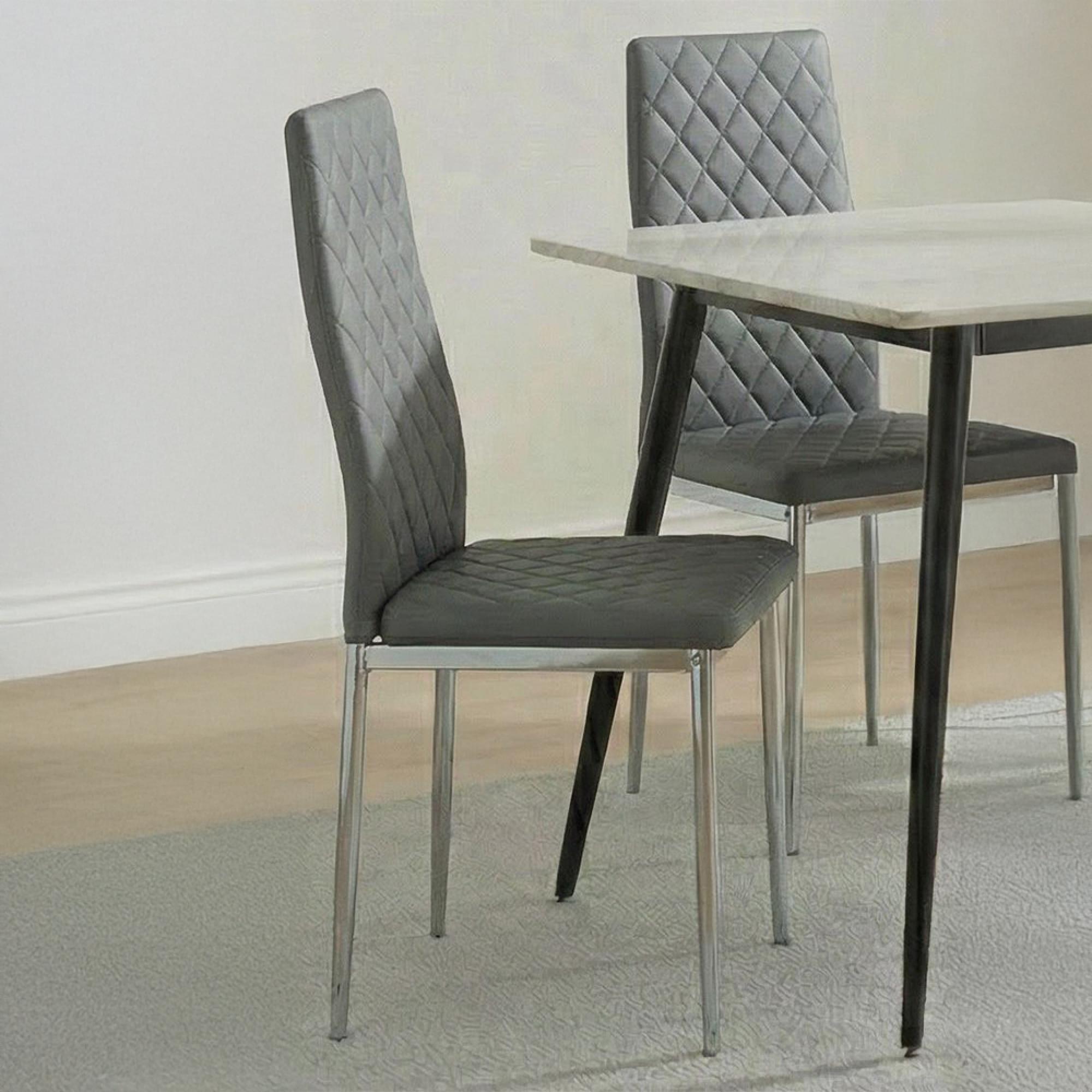 2 x Free Chairs - Breton Compact Dining Set - 4 Seater - 120cm - White Ceramic - 2x Metro Dining Chairs - Grey Leather - Chrome Legs