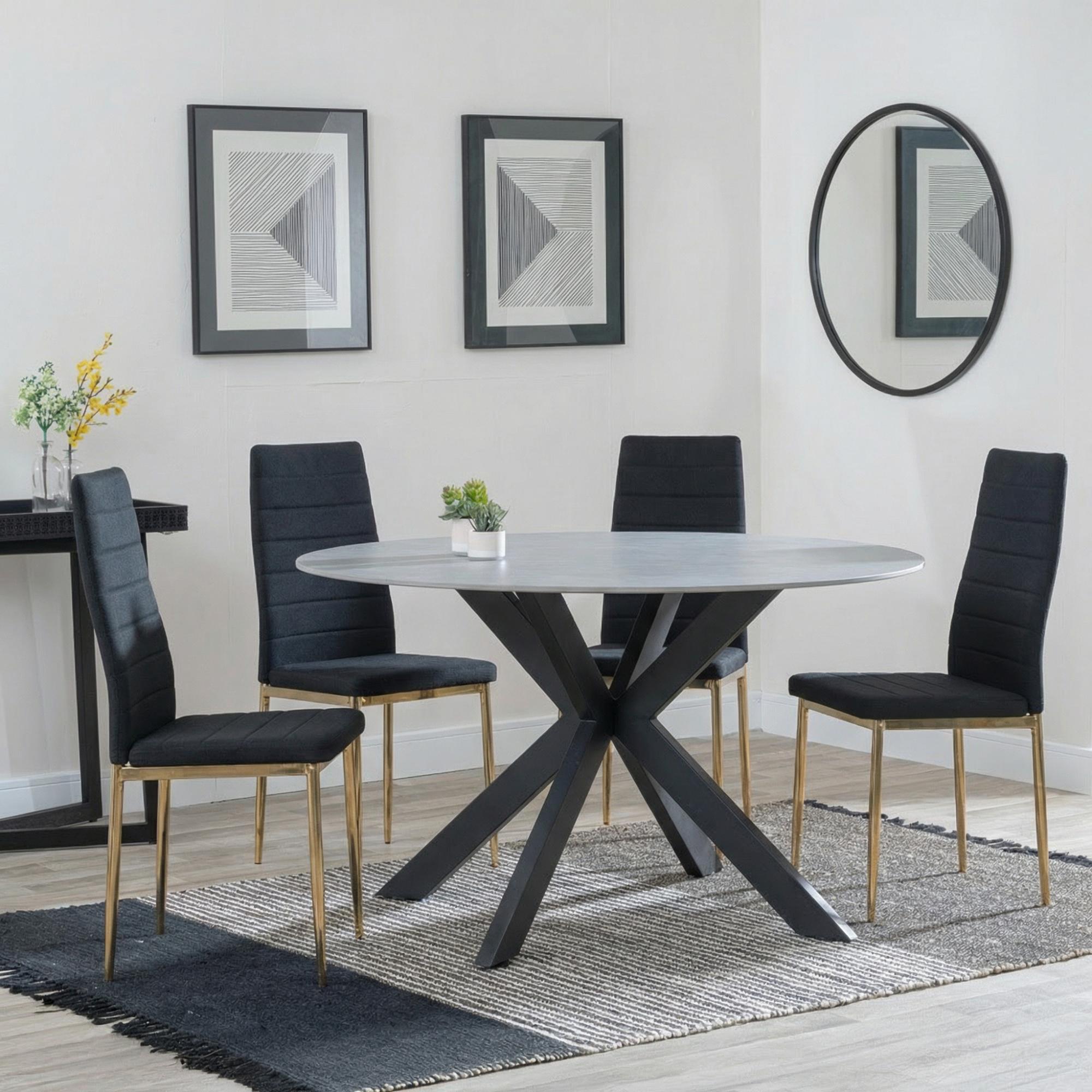 2 x Free Chairs - Novara Dining Set - 4 Seater - 130cm - Round - White Ceramic - 2x Lido Dining Chairs - Black Fabric - Gold Legs
