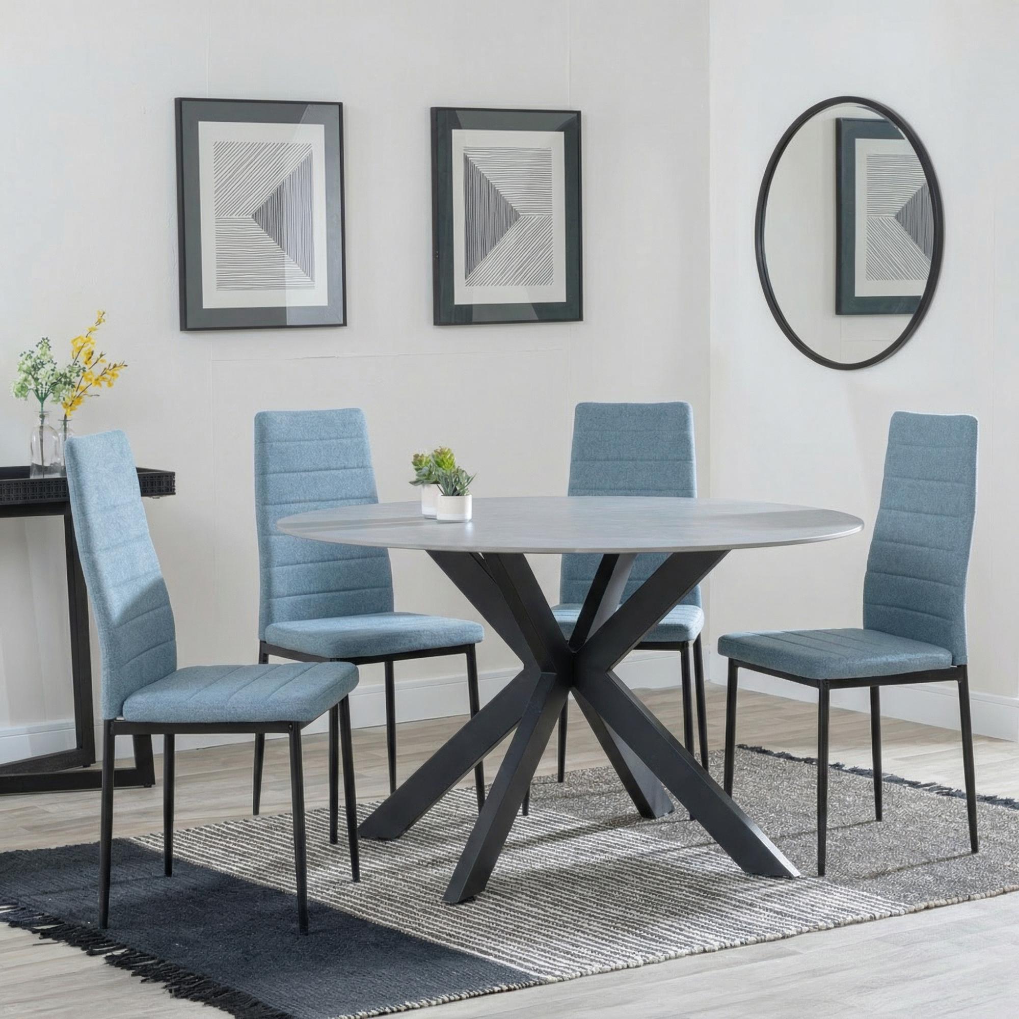 2 x Free Chairs - Novara Dining Set - 4 Seater - 130cm - Round - White Ceramic - 2x Lido Dining Chairs - Blue Fabric - Black Legs
