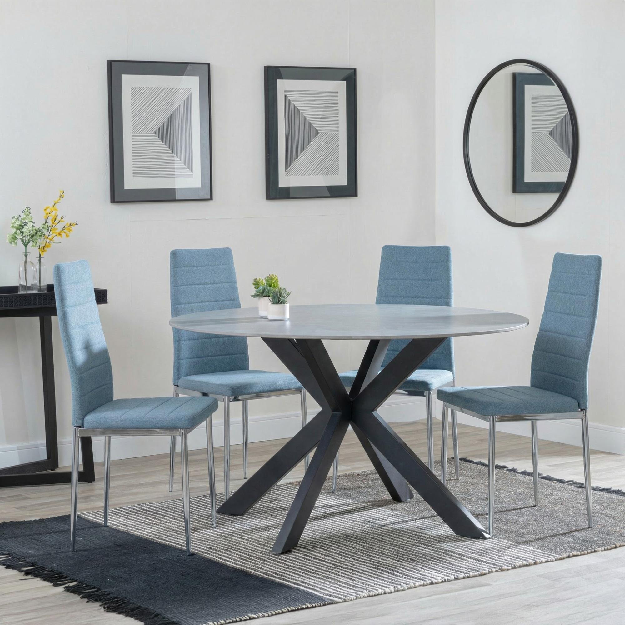 2 x Free Chairs - Novara Dining Set - 4 Seater - 130cm - Round - White Ceramic - 2x Lido Dining Chairs - Blue Fabric - Chrome Legs