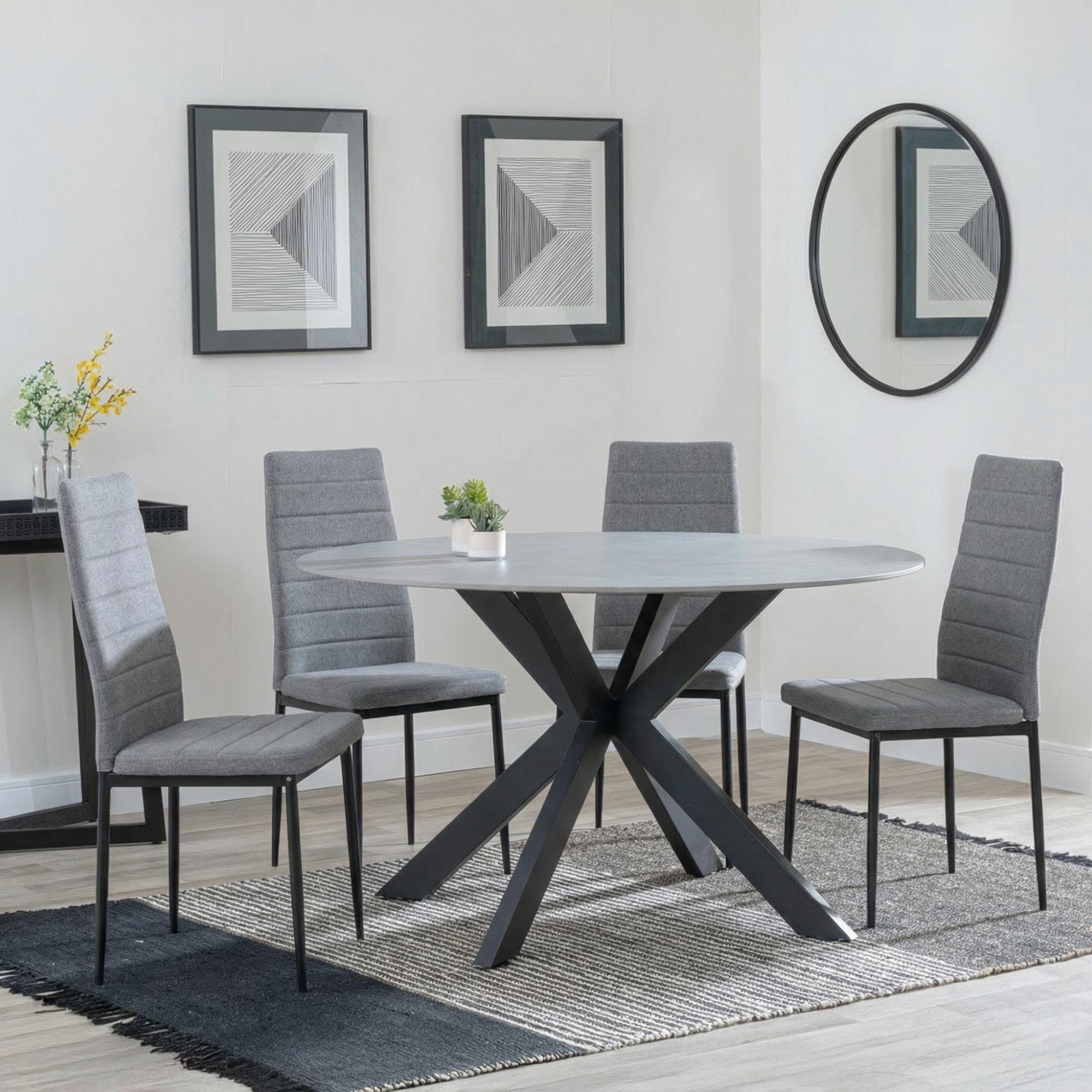 2 x Free Chairs - Novara Dining Set - 4 Seater - 130cm - Round - White Ceramic - 2x Lido Dining Chairs - Dark Grey Fabric - Black Legs