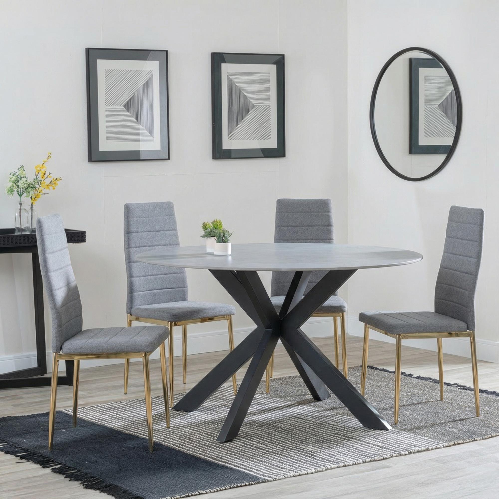 2 x Free Chairs - Novara Dining Set - 4 Seater - 130cm - Round - White Ceramic - 2x Lido Dining Chairs - Dark Grey Fabric - Gold Legs