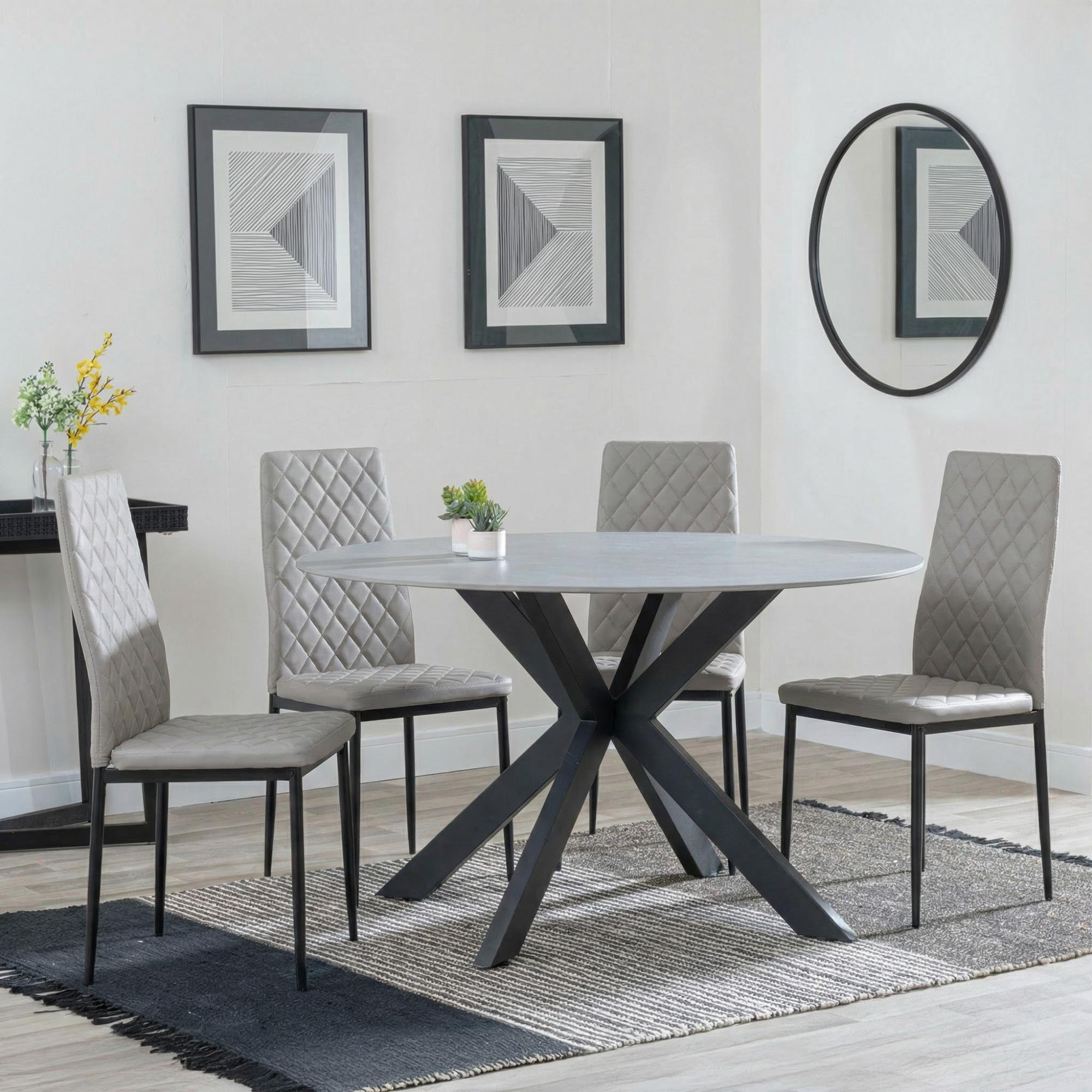 2 x Free Chairs - Novara Dining Set - 4 Seater - 130cm - Round - White Ceramic - 2x Metro Dining Chairs - Beige Leather - Black Legs