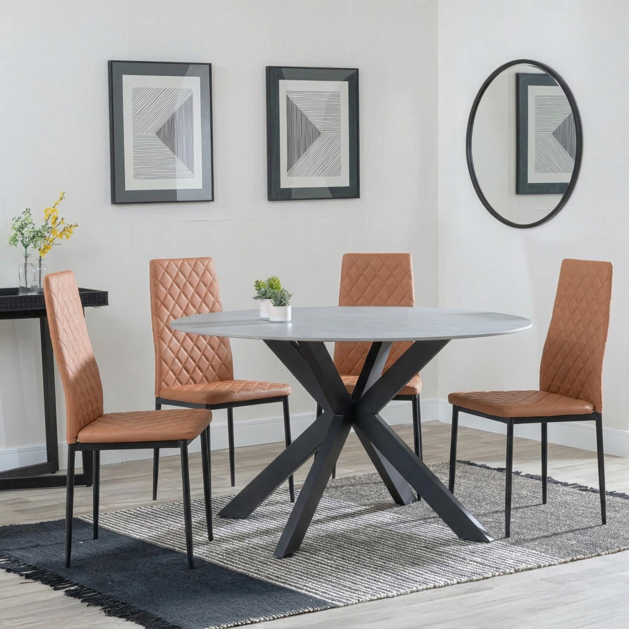 2 x Free Chairs - Novara Dining Set - 4 Seater - 130cm - Round - White Ceramic - 2x Metro Dining Chairs - Burnt Orange Leather - Black Legs