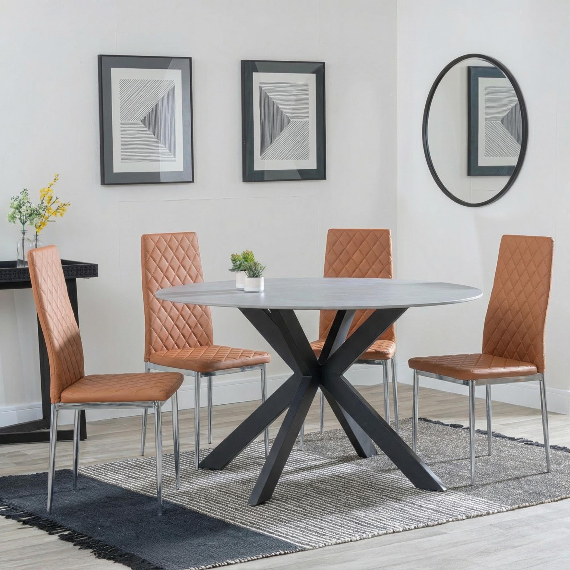 2 x Free Chairs - Novara Dining Set - 4 Seater - 130cm - Round - White Ceramic - 2x Metro Dining Chairs - Burnt Orange Leather - Chrome Legs