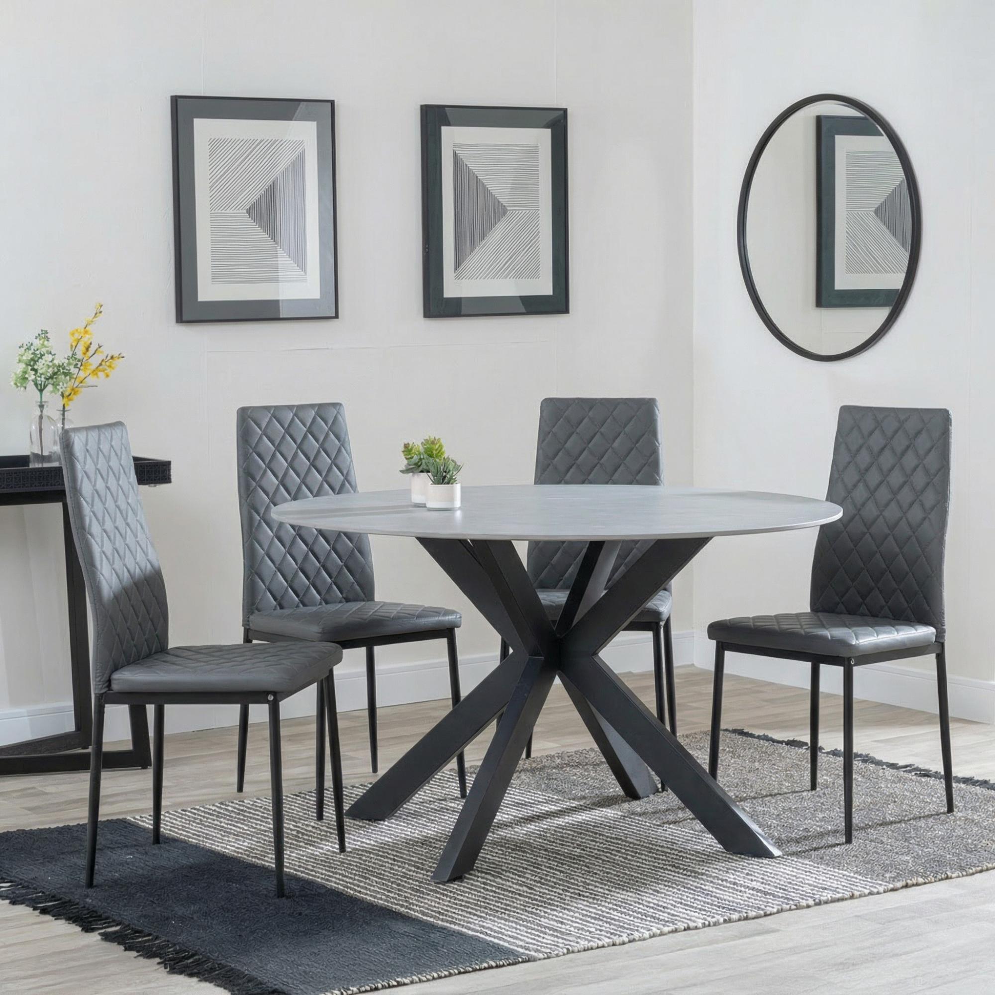 2 x Free Chairs - Novara Dining Set - 4 Seater - 130cm - Round - White Ceramic - 2x Metro Dining Chairs - Grey Leather - Black Legs