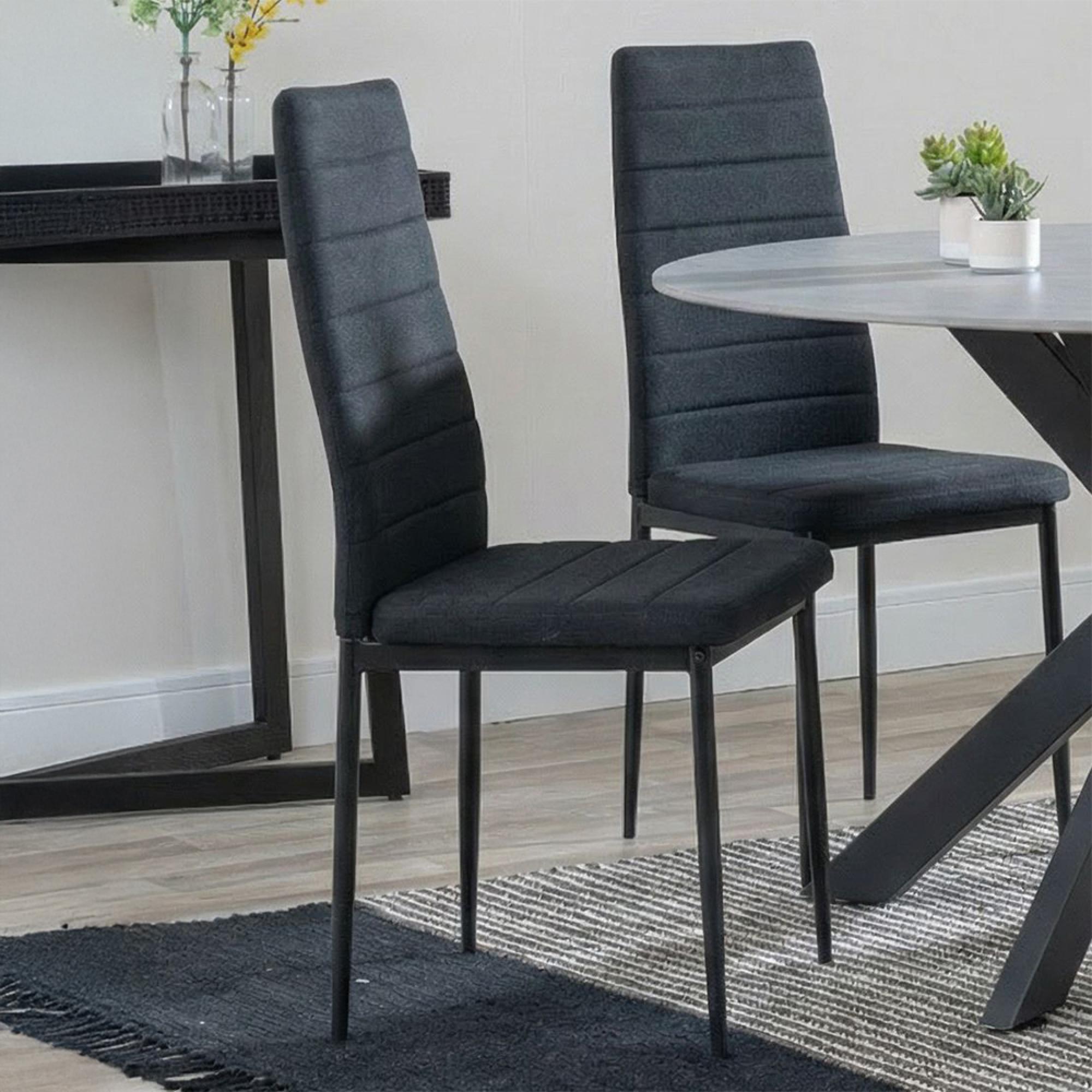 2 x Free Chairs - Novara Dining Set - 4 Seater - 130cm - Round - White Ceramic - 2x Lido Dining Chairs - Black Fabric - Black Legs