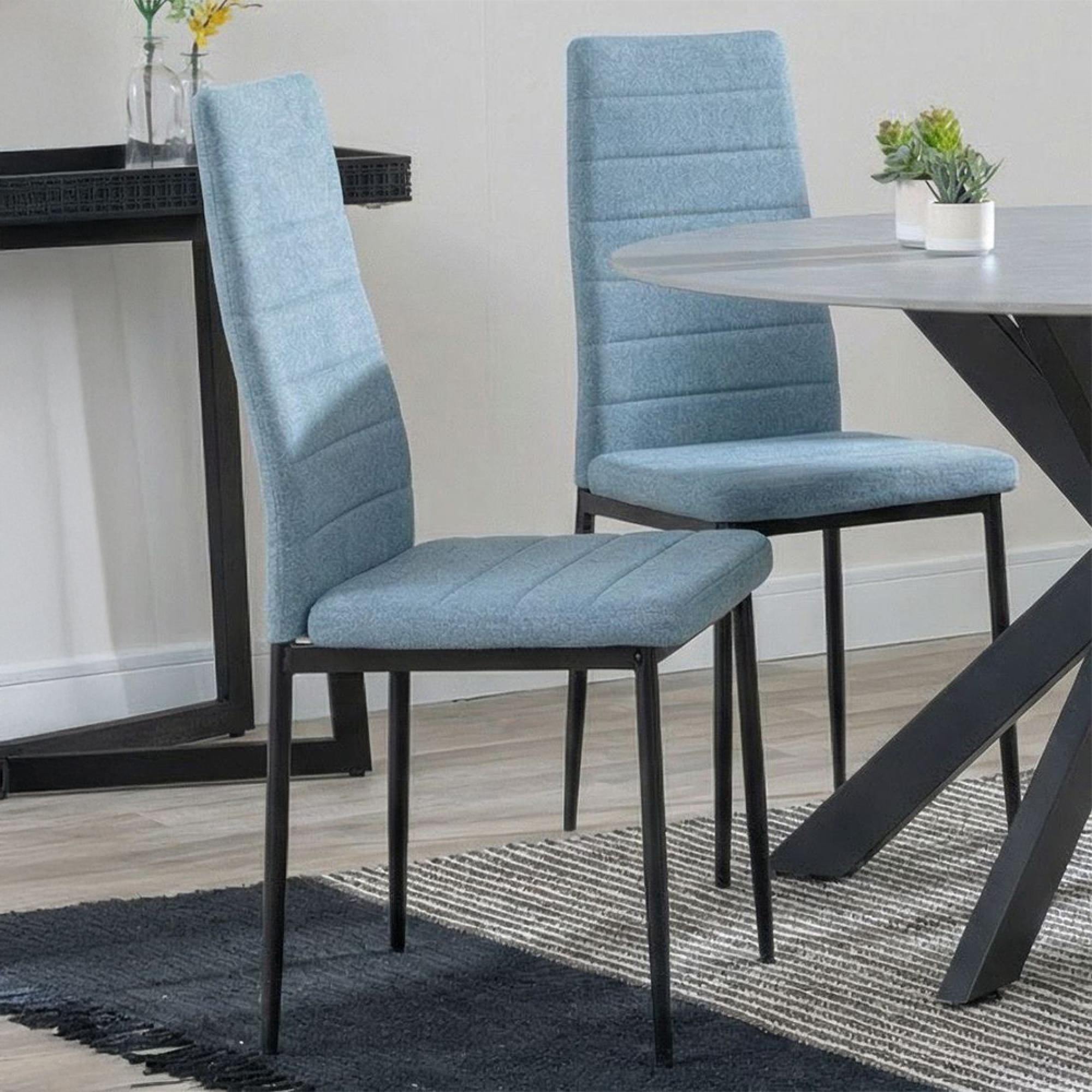 2 x Free Chairs - Novara Dining Set - 4 Seater - 130cm - Round - White Ceramic - 2x Lido Dining Chairs - Blue Fabric - Black Legs