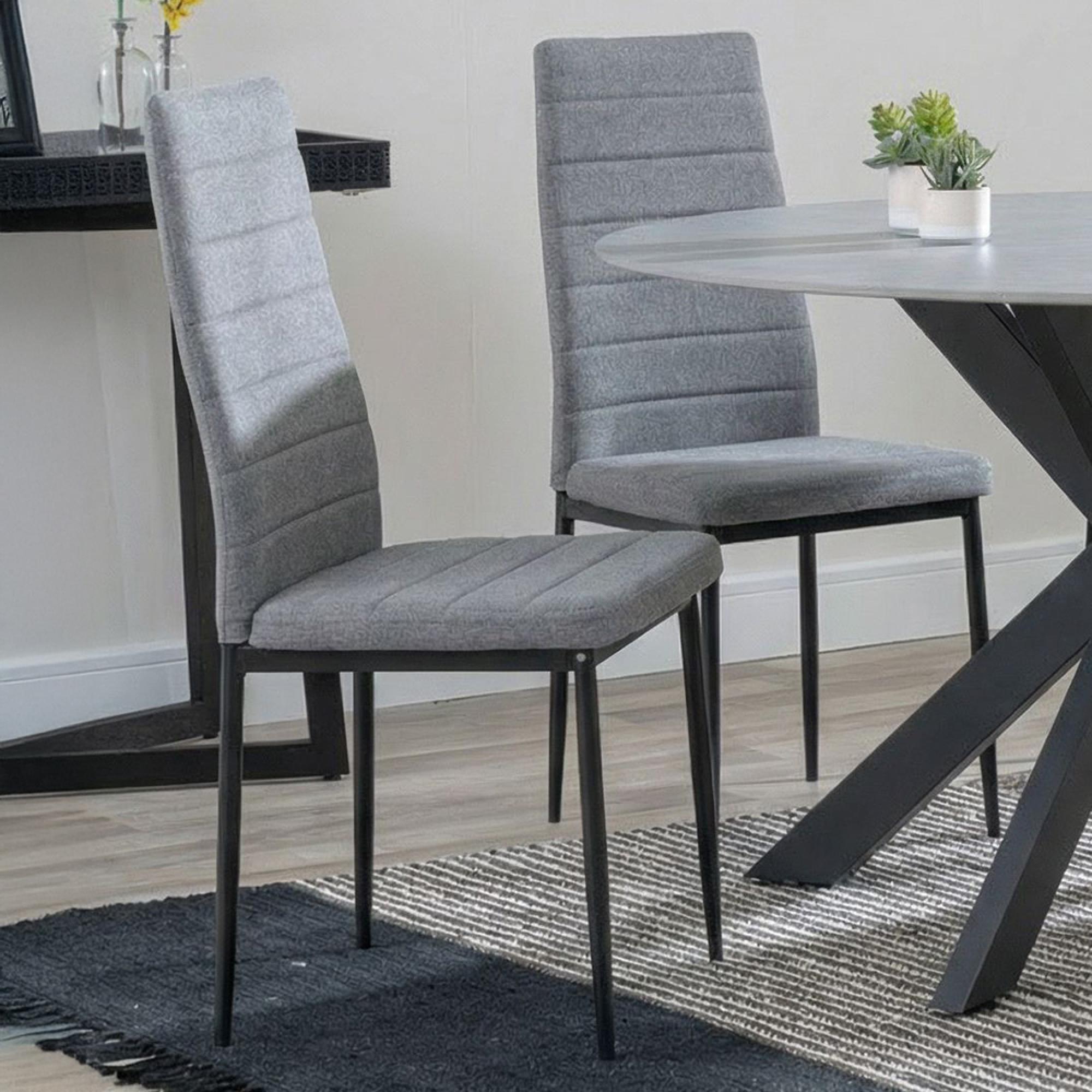 2 x Free Chairs - Novara Dining Set - 4 Seater - 130cm - Round - White Ceramic - 2x Lido Dining Chairs - Dark Grey Fabric - Black Legs