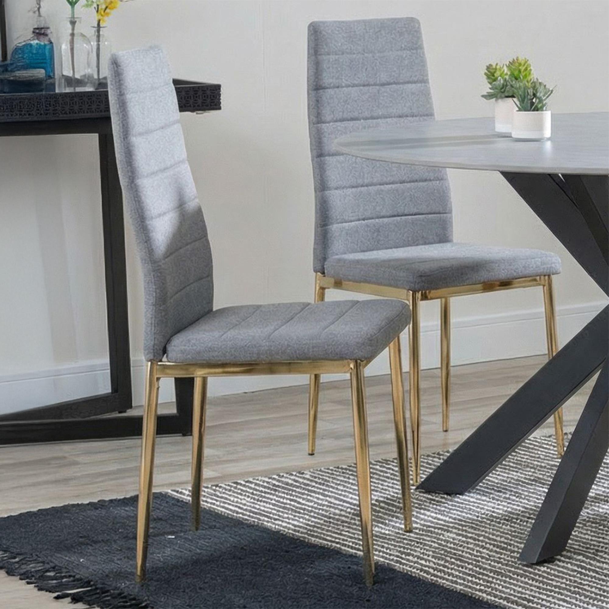 2 x Free Chairs - Novara Dining Set - 4 Seater - 130cm - Round - White Ceramic - 2x Lido Dining Chairs - Dark Grey Fabric - Gold Legs