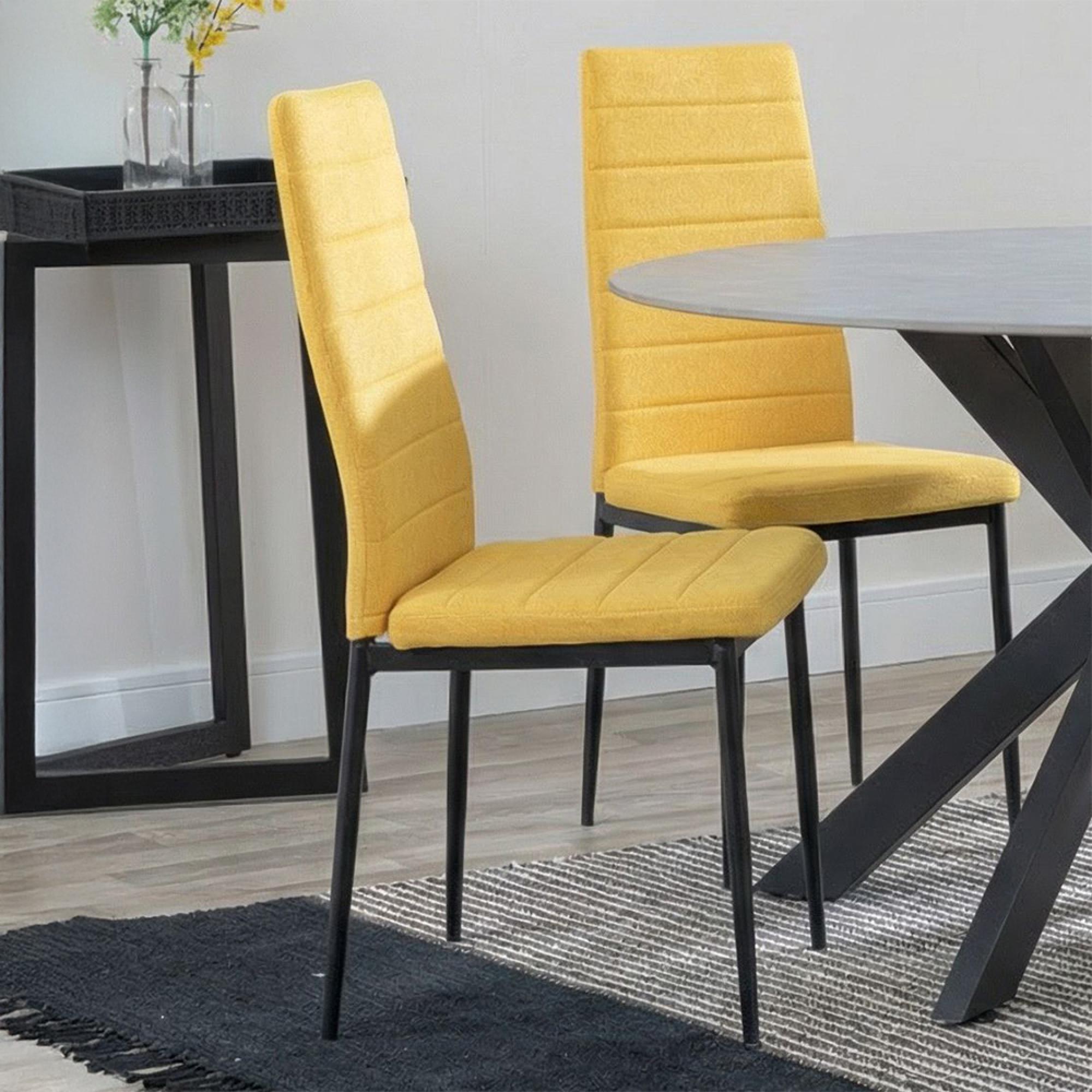 2 x Free Chairs - Novara Dining Set - 4 Seater - 130cm - Round - White Ceramic - 2x Lido Dining Chairs - Yellow Fabric - Black Legs
