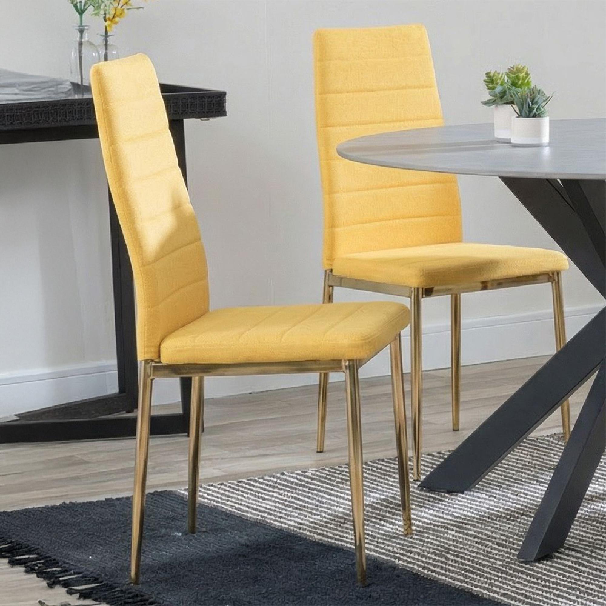 2 x Free Chairs - Novara Dining Set - 4 Seater - 130cm - Round - White Ceramic - 2x Lido Dining Chairs - Yellow Fabric - Gold Legs