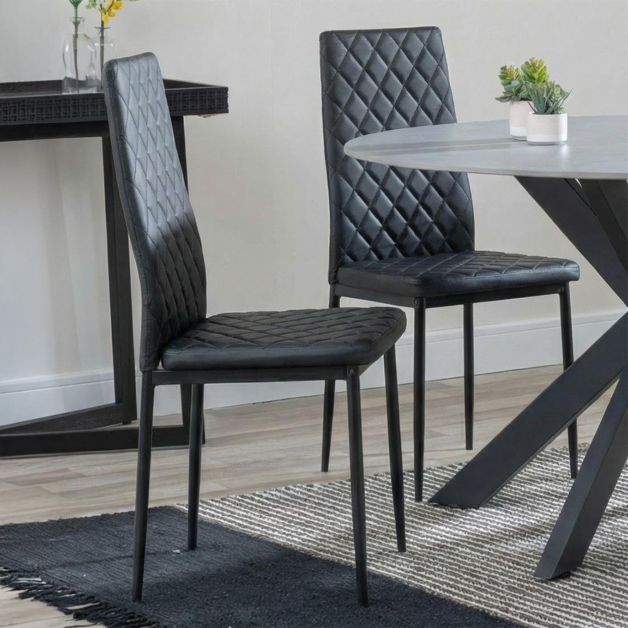 2 x Free Chairs - Novara Dining Set - 4 Seater - 130cm - Round - White Ceramic - 2x Metro Dining Chairs - Black Leather - Black Legs