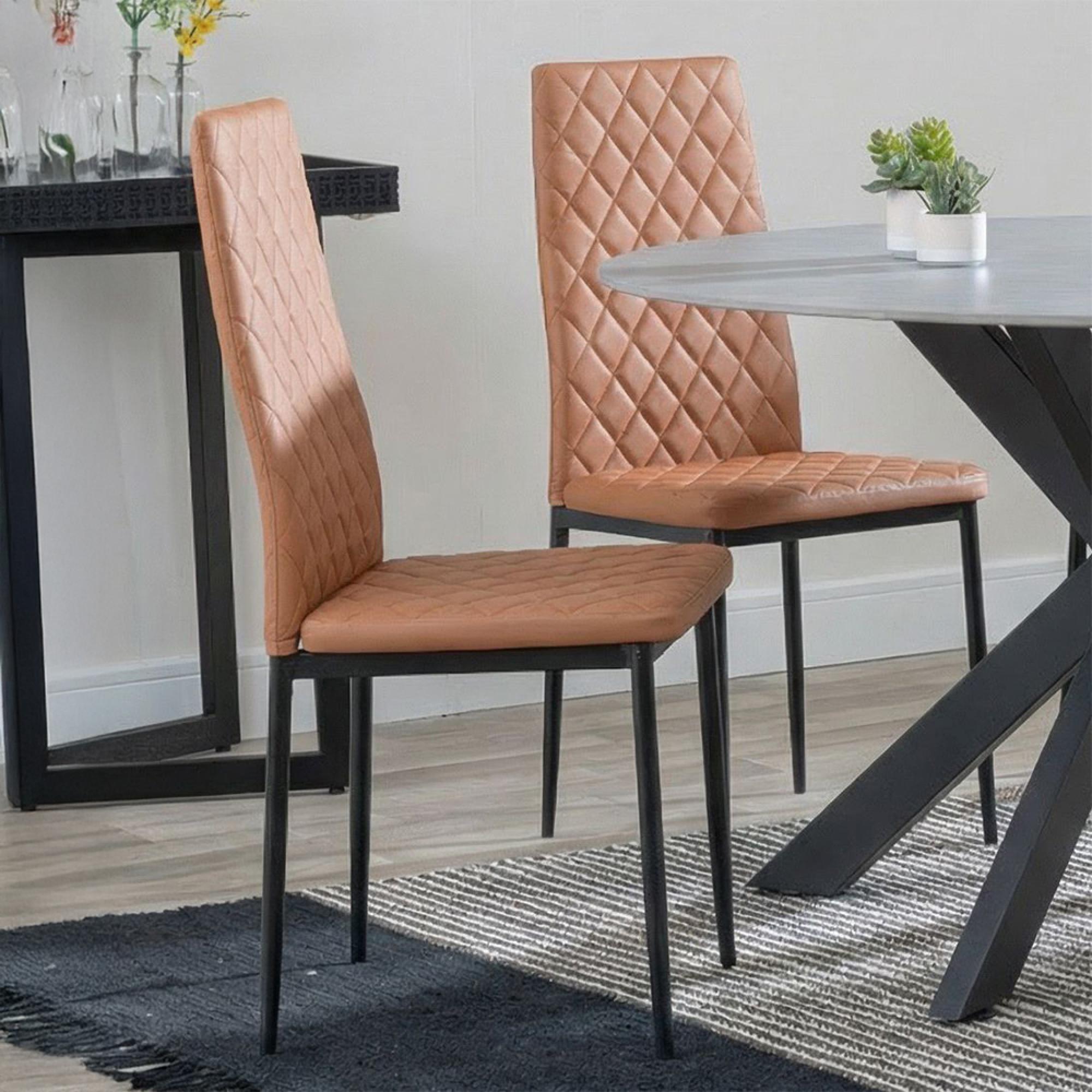 2 x Free Chairs - Novara Dining Set - 4 Seater - 130cm - Round - White Ceramic - 2x Metro Dining Chairs - Burnt Orange Leather - Black Legs