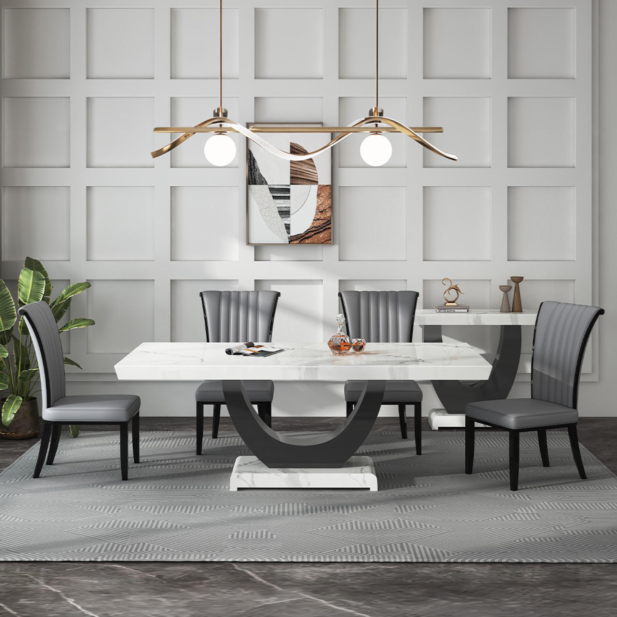 Madrid Dining Set - 6-8 Seater - 160cm-180cm - White Marble - Cadiz Dining Chairs - Grey Leather