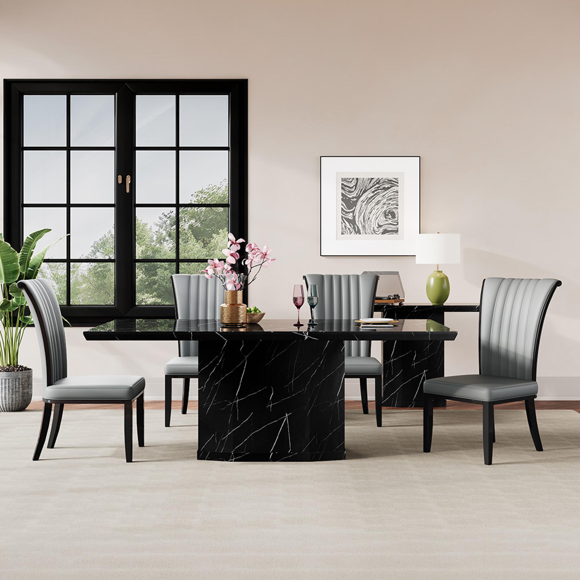 Naples Dining Set - 6 Seater - 160cm - Black Marble - Cadiz Dining Chairs - Grey Leather