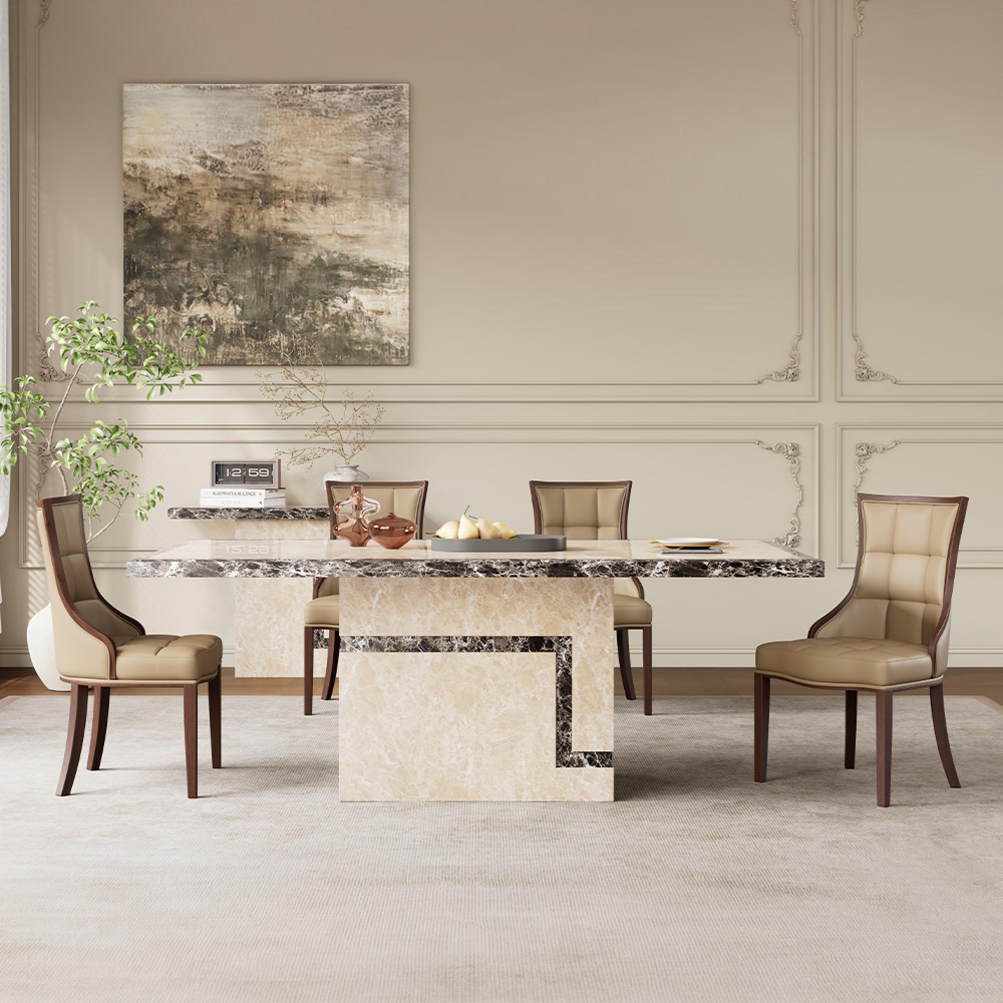 Venice Dining Set - 6 Seater - 160cm - Cream Marble - Paris Dining Chairs - Taupe Leather - Brown Legs