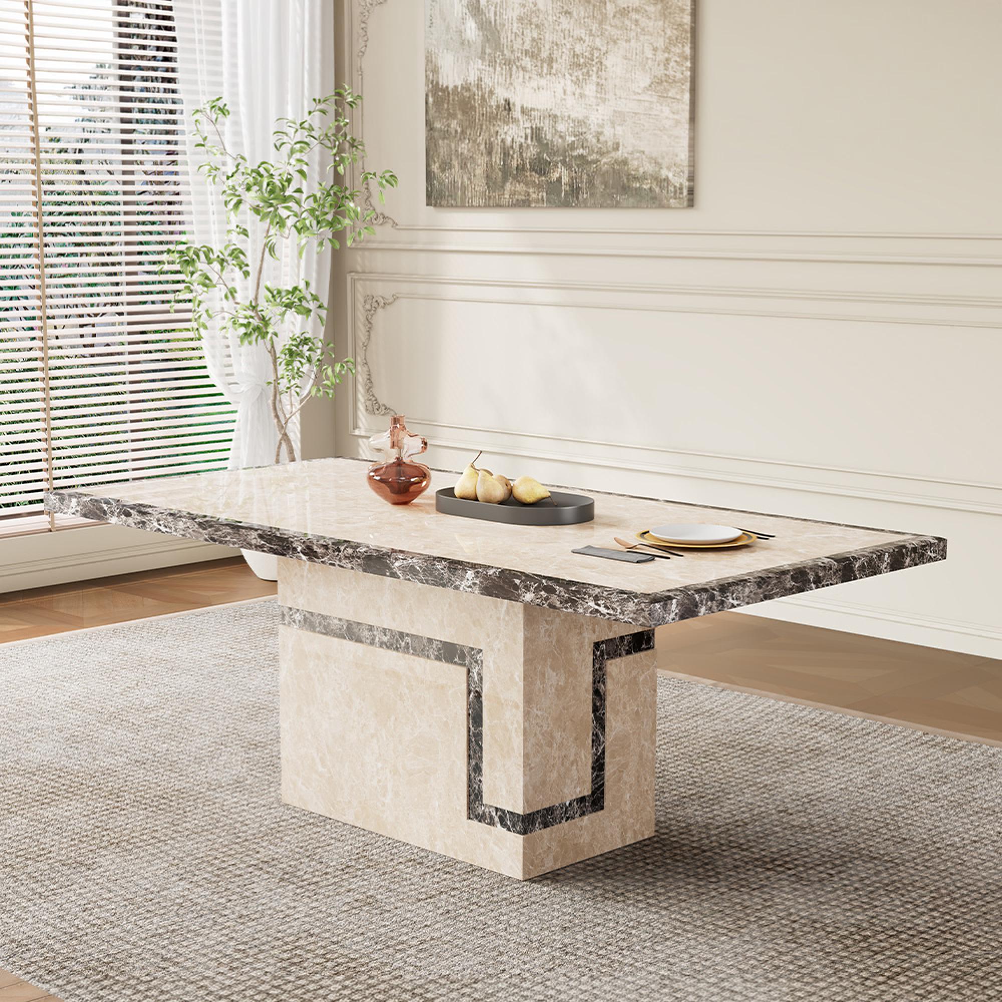 Venice Dining Set - 6 Seater - 160cm - Cream Marble - Paris Dining Chairs - Taupe Leather - Brown Legs