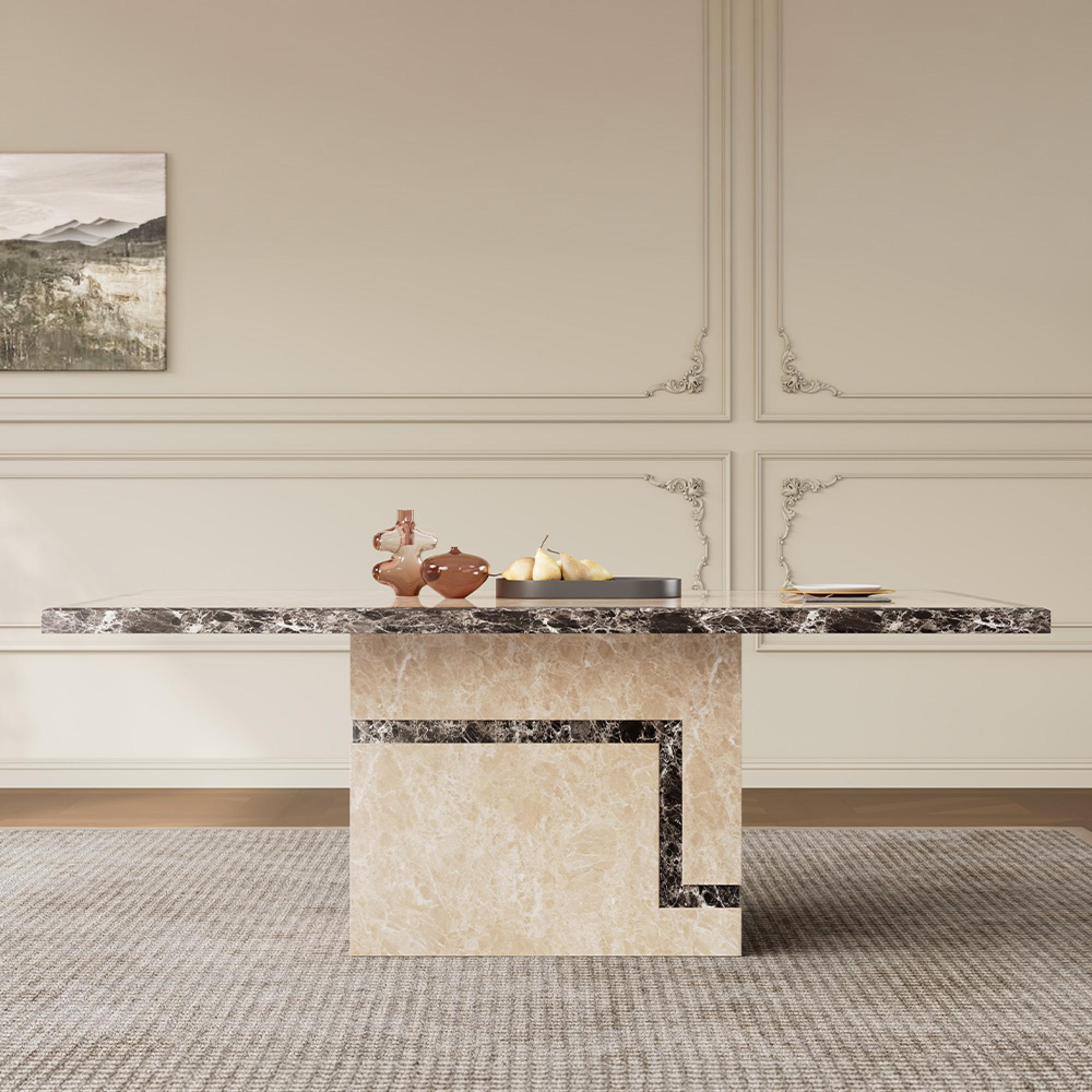 Venice Dining Set - 6 Seater - 160cm - Cream Marble - Paris Dining Chairs - Taupe Leather - Brown Legs