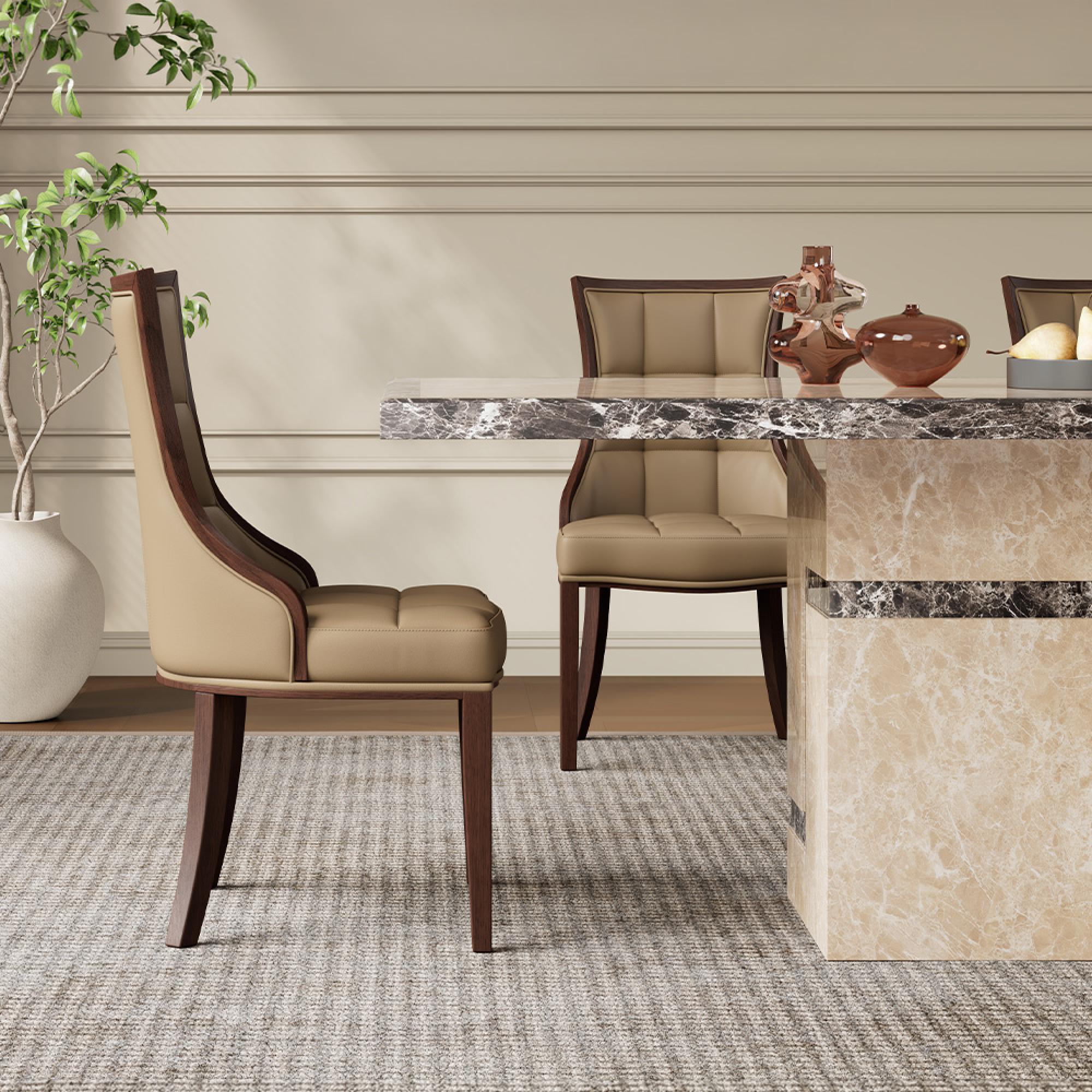 Venice Dining Set - 6 Seater - 160cm - Cream Marble - Paris Dining Chairs - Taupe Leather - Brown Legs