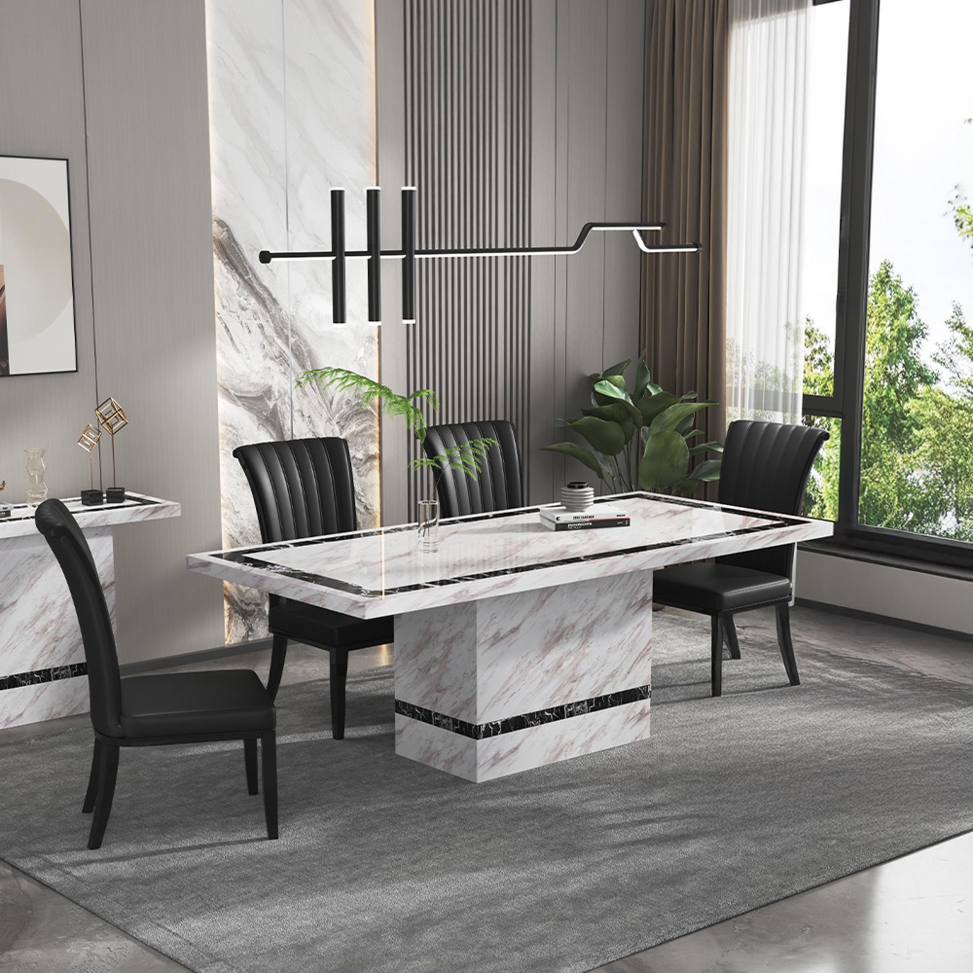 Rome Dining Set - 6 Seater - 160cm - Beige Marble - Cadiz Dining Chairs - Black Leather