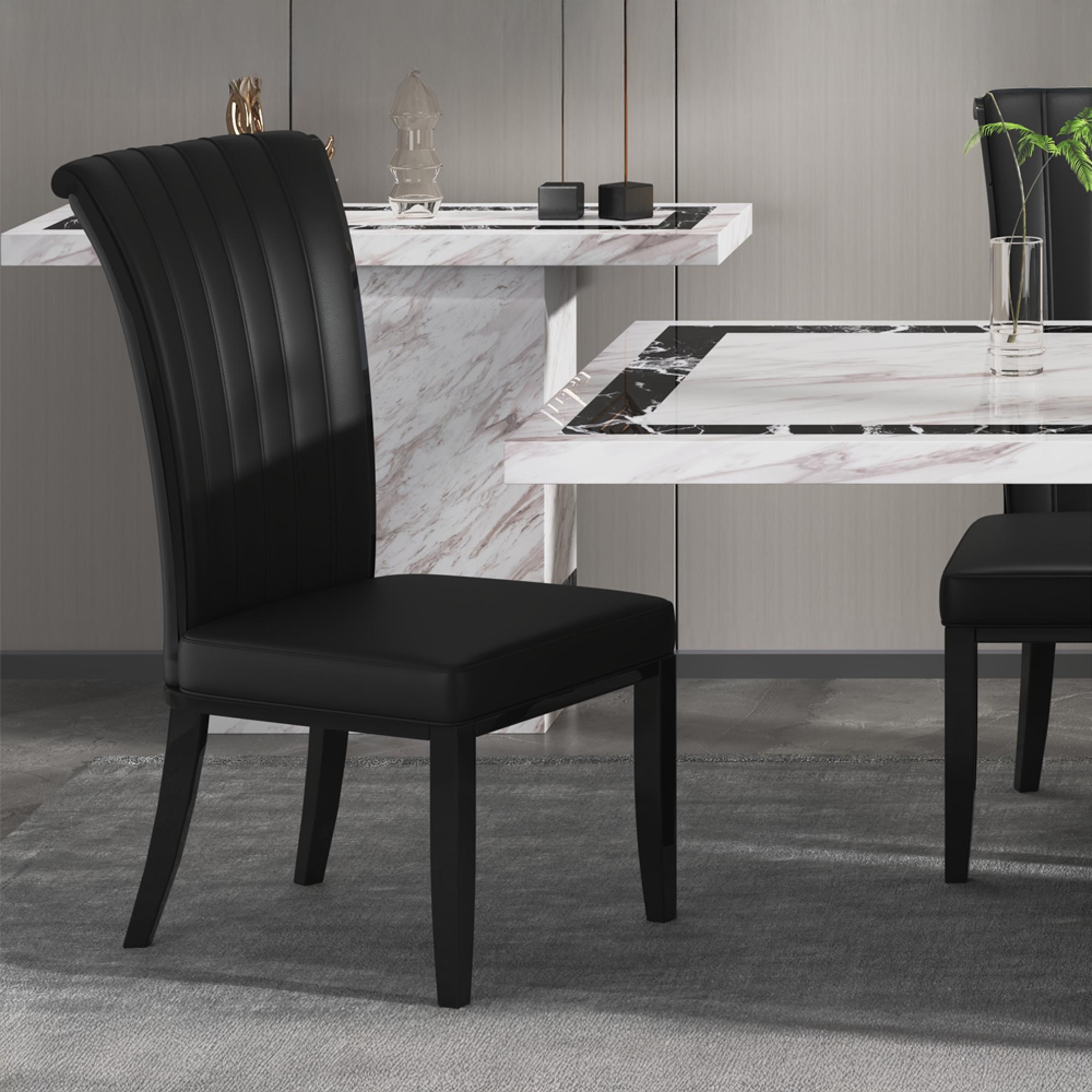 Rome Dining Set - 6 Seater - 160cm - Beige Marble - Cadiz Dining Chairs - Black Leather