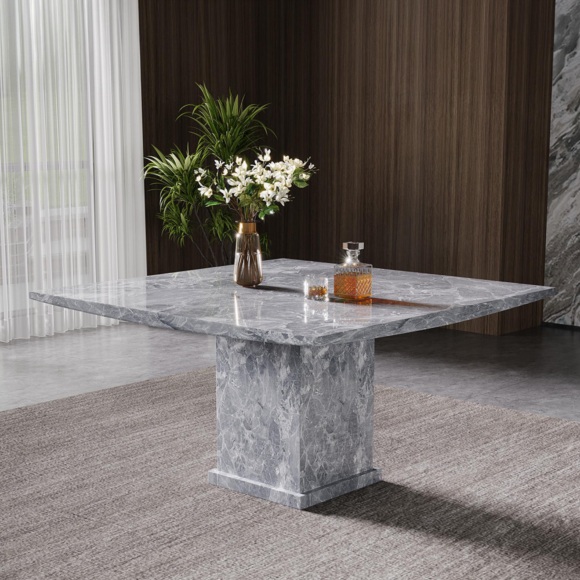 Turin Dining Set - 8 Seater - 140cm - Square - Grey Marble - Venezia Dining Chairs - Grey Leather