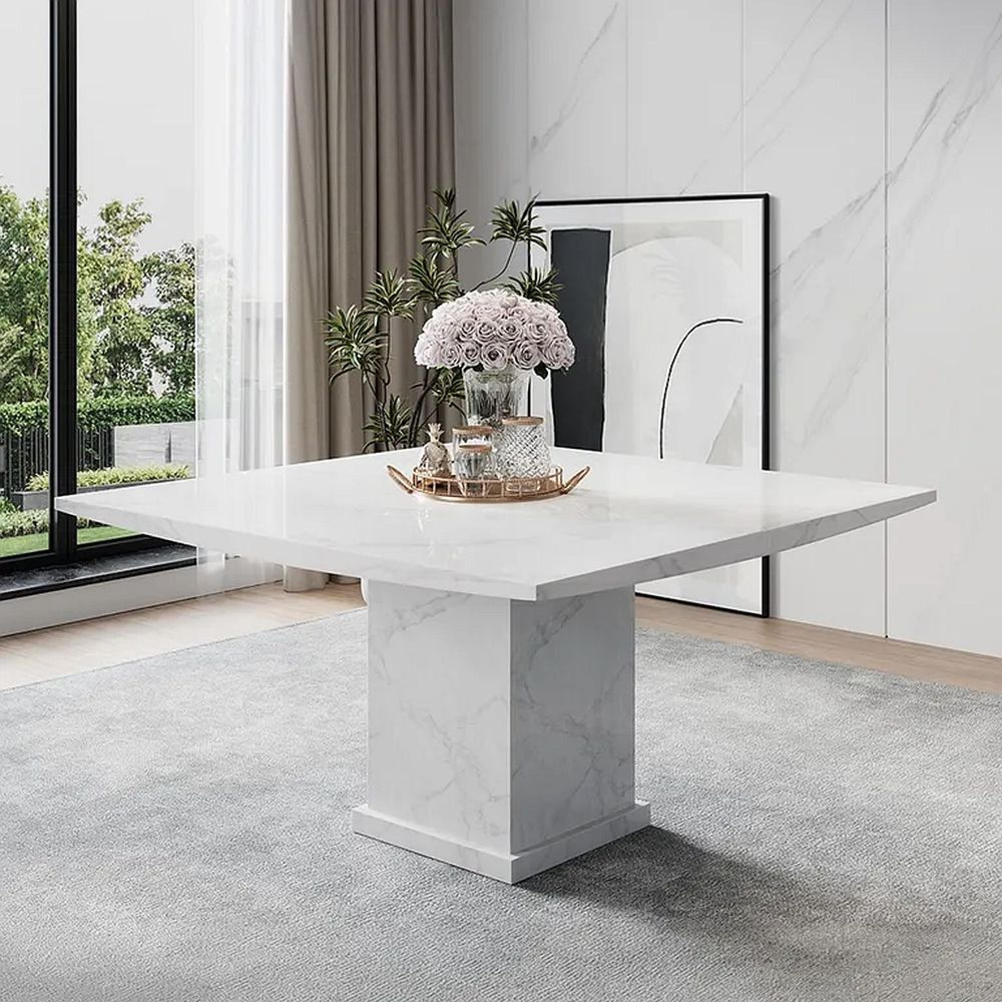 Turin Dining Set - 8 Seater - 140cm - Square - White Marble - Venezia Dining Chairs - Grey Leather