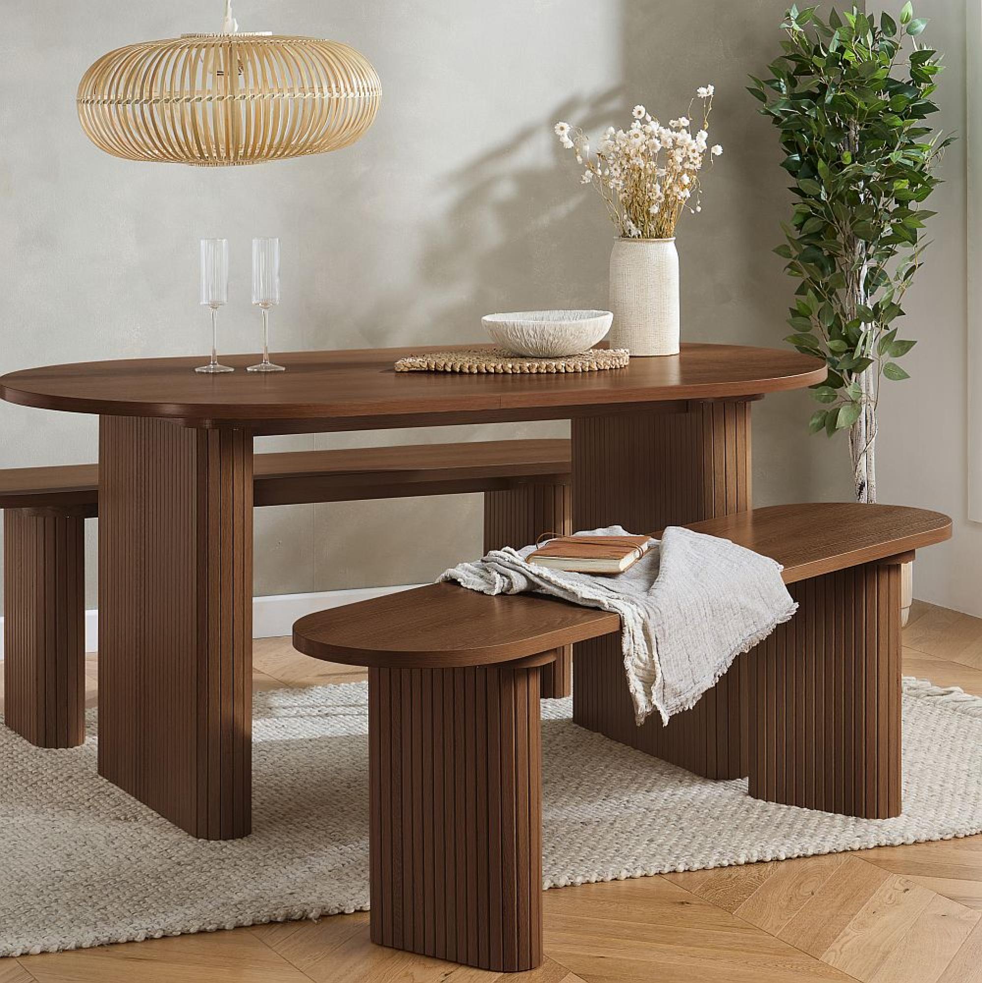 Axel Oval Dining Set - 6 Seater - 160cm - with 2 Benches - Walnut Fluted