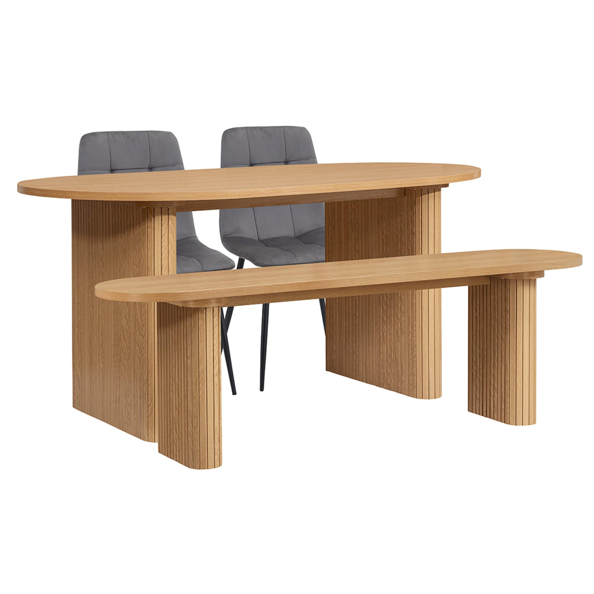 Axel Oval Dining Set - 6 Seater - 160cm - with 2 Grey Chairs and 1 Bench - Oak Fluted