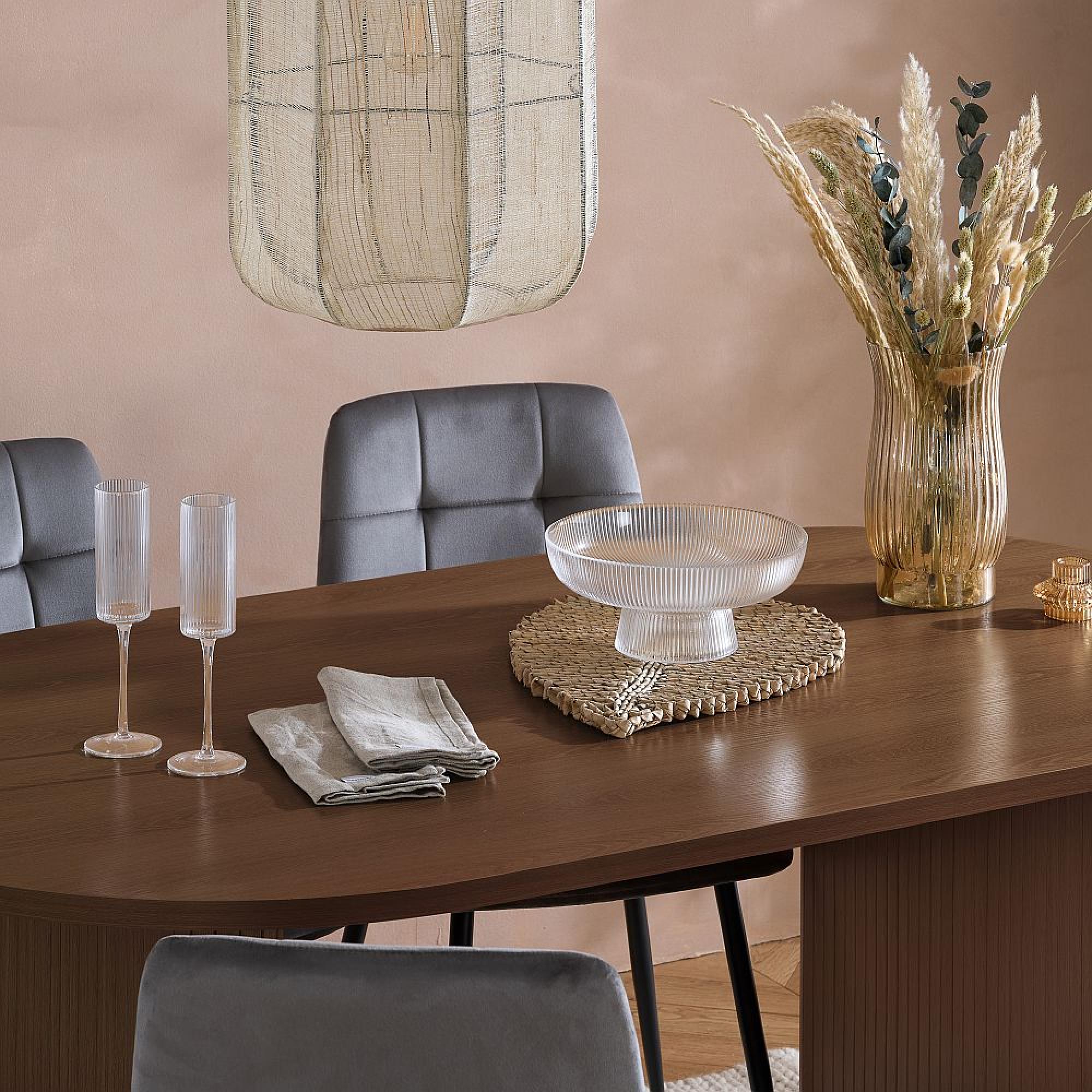 Axel Oval Dining Set - 6 Seater - 160cm - with 4 Grey Chairs - Walnut Fluted