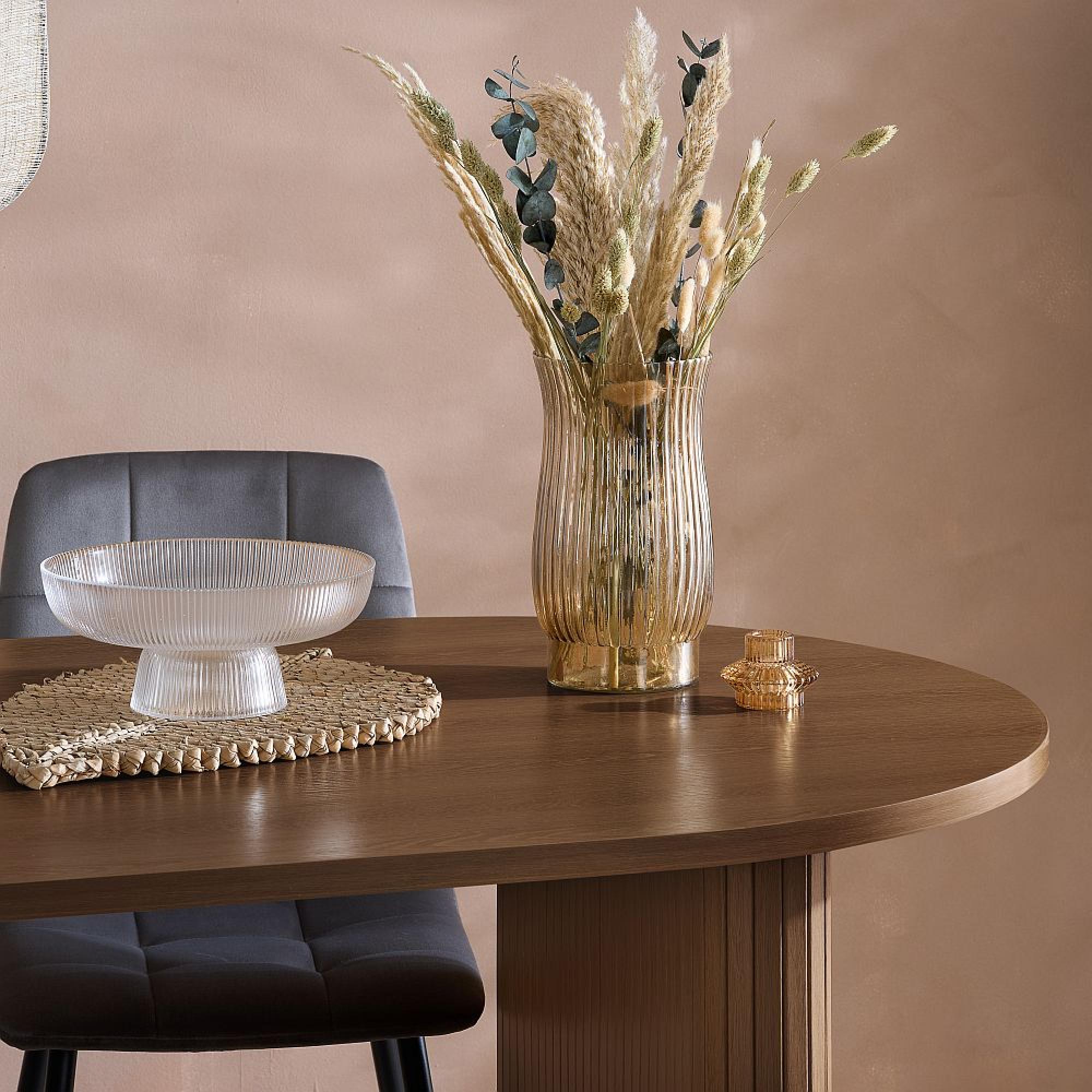 Axel Oval Dining Set - 6 Seater - 160cm - with 4 Grey Chairs - Walnut Fluted