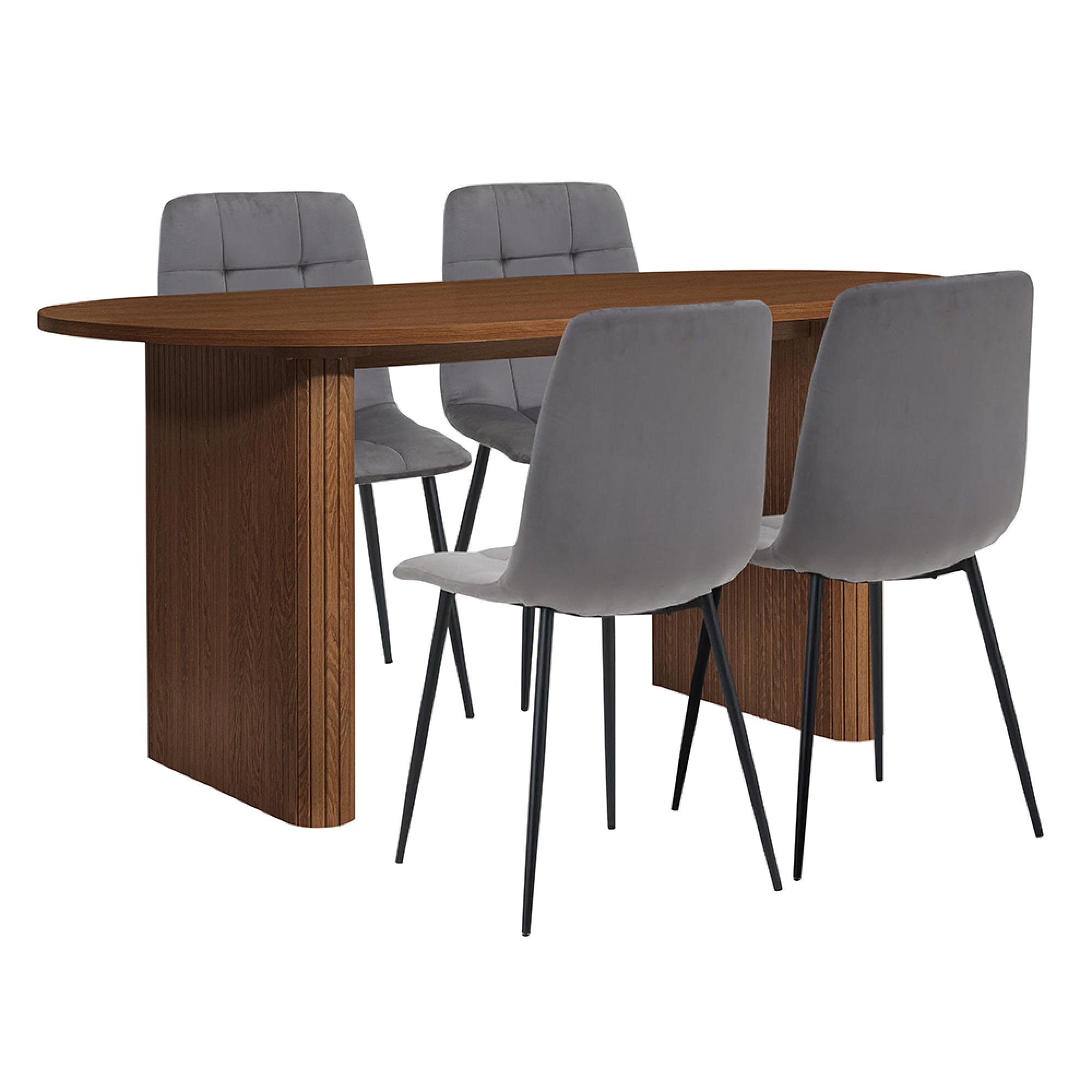 Axel Oval Dining Set - 6 Seater - 160cm - with 4 Grey Chairs - Walnut Fluted