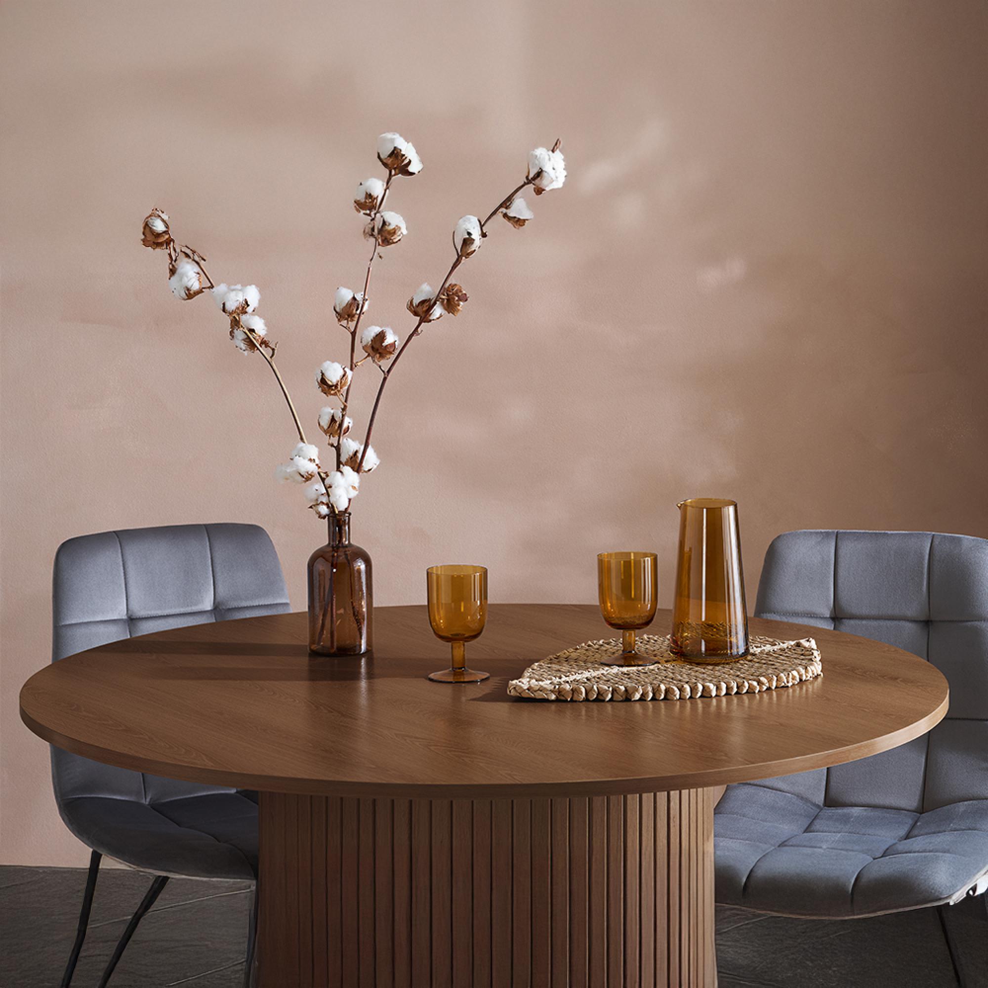 Axel Round Dining Set - 4 Seater - 120cm - with 4 Grey Chairs - Walnut Fluted