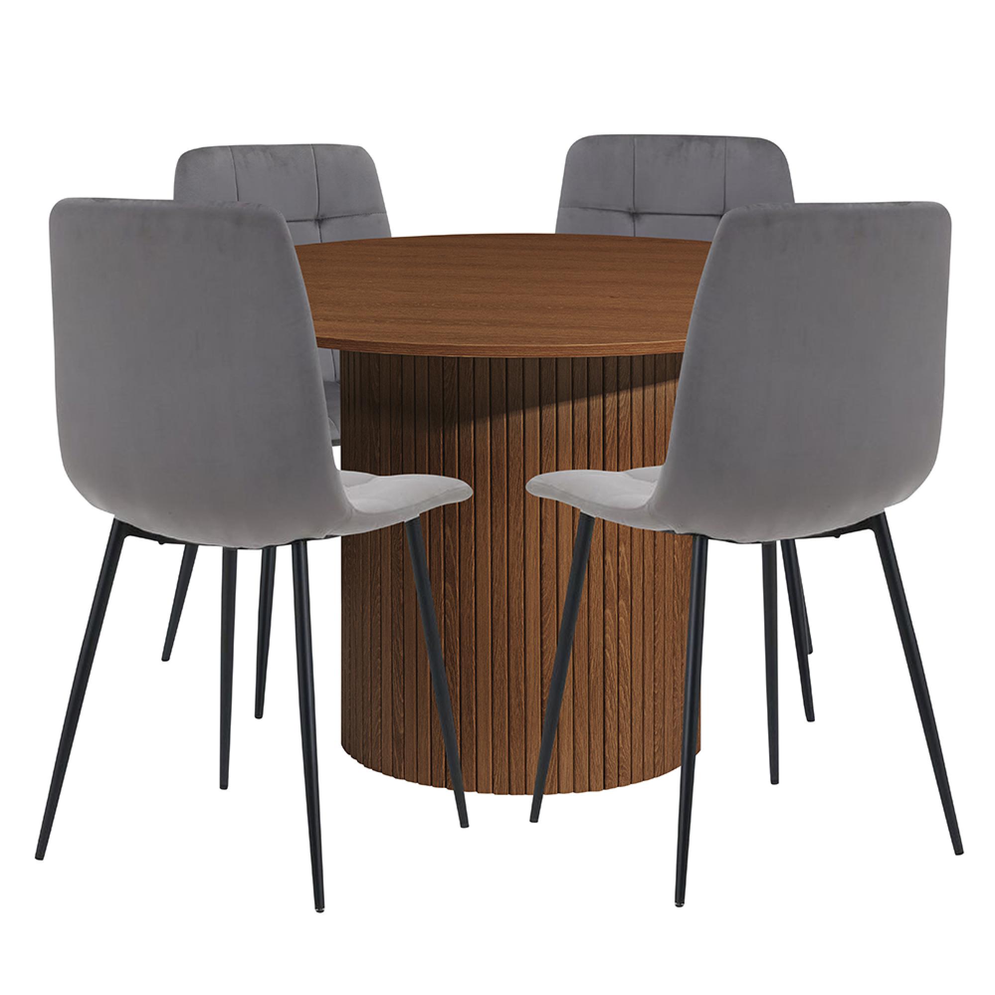 Axel Round Dining Set - 4 Seater - 120cm - with 4 Grey Chairs - Walnut Fluted