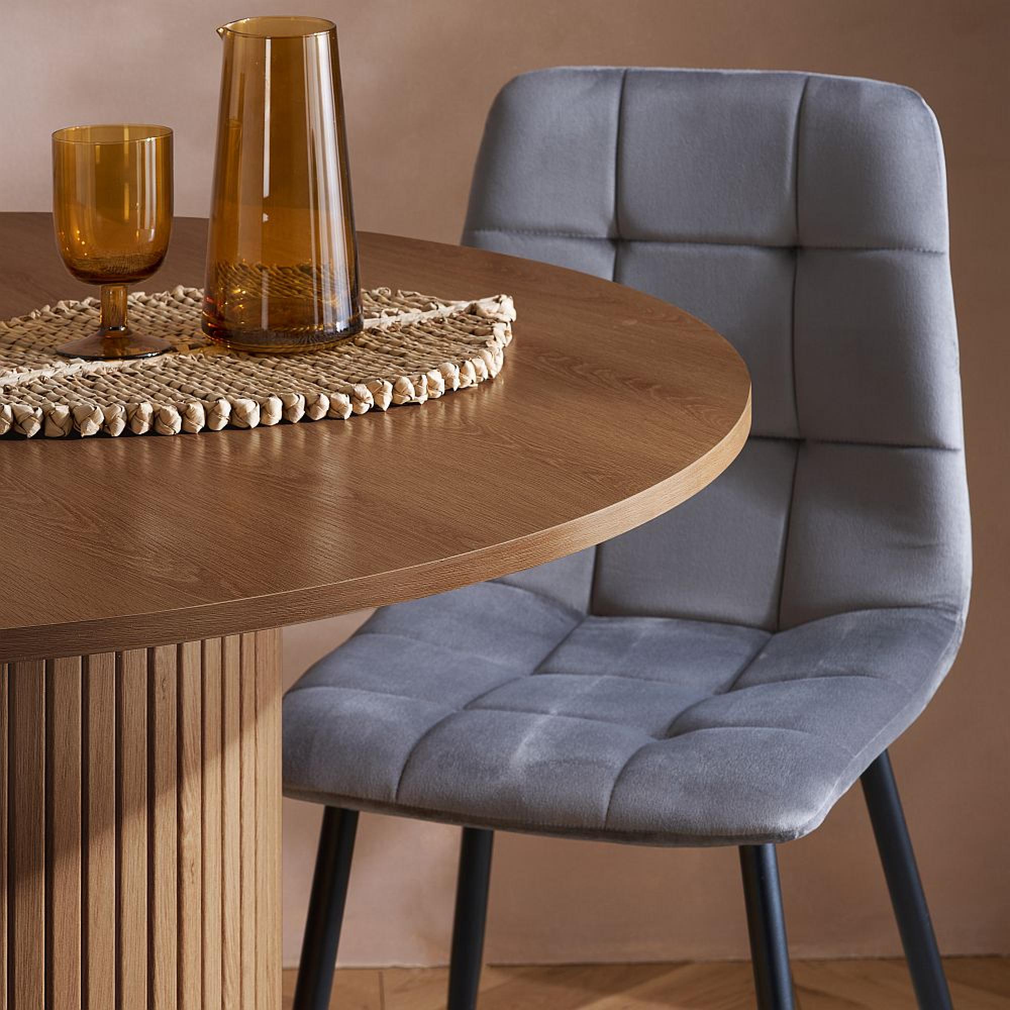 Axel Round Dining Set - 4 Seater - 120cm - with 4 Grey Chairs - Walnut Fluted