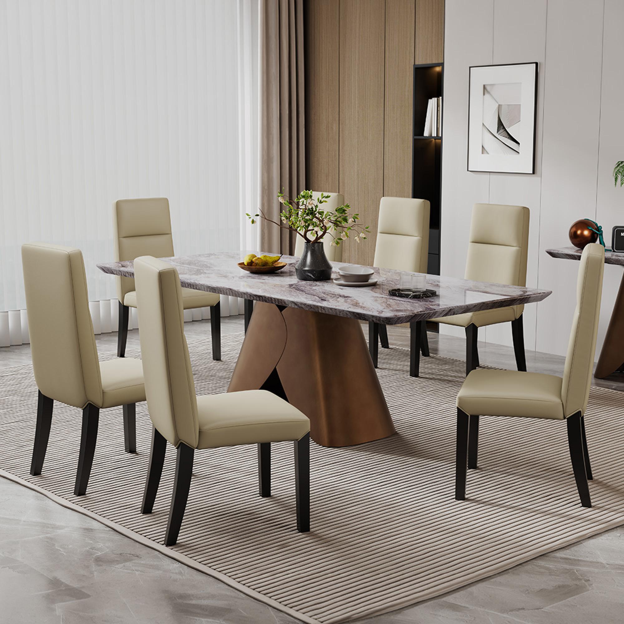 Enterprise Dining Set - 6 Seater - 180cm - Grey Marble - Venezia Dining Chairs - Cream Leather - High Back