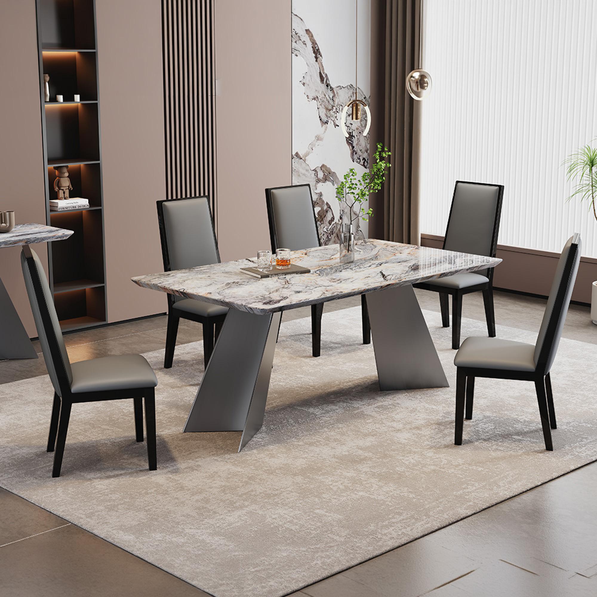 Taurus Dining Set - 6 Seater - 180cm - Beige Marble - Elite Dining Chairs - Grey Leather - High Back