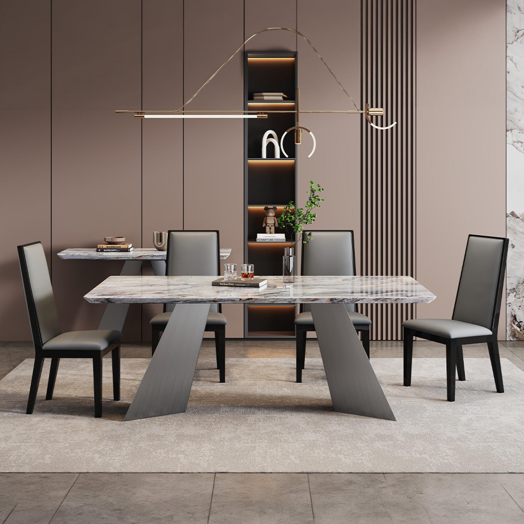 Taurus Dining Set - 6 Seater - 180cm - Beige Marble - Elite Dining Chairs - Grey Leather - High Back