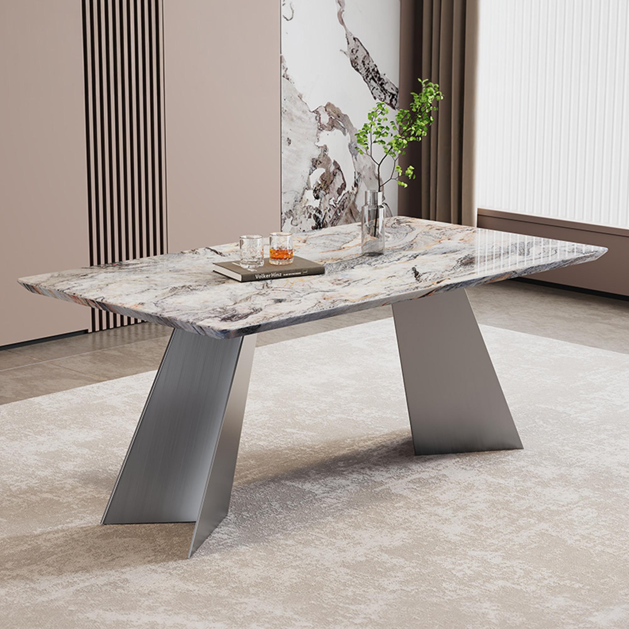 Taurus Dining Set - 6 Seater - 180cm - Beige Marble - Elite Dining Chairs - Grey Leather - High Back