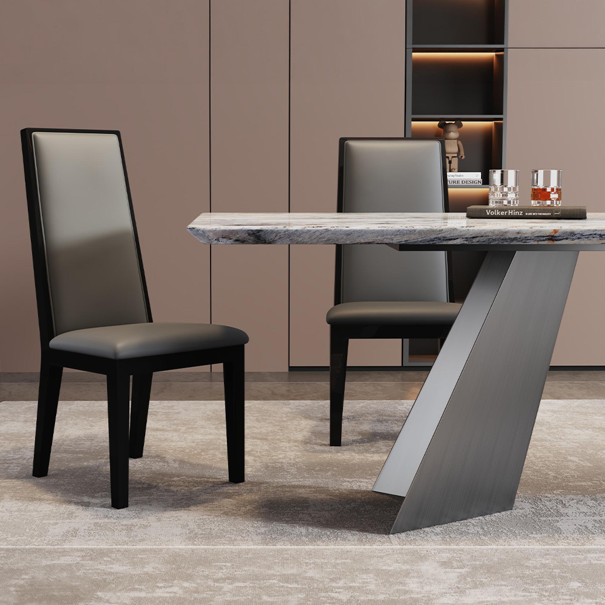 Taurus Dining Set - 6 Seater - 180cm - Beige Marble - Elite Dining Chairs - Grey Leather - High Back