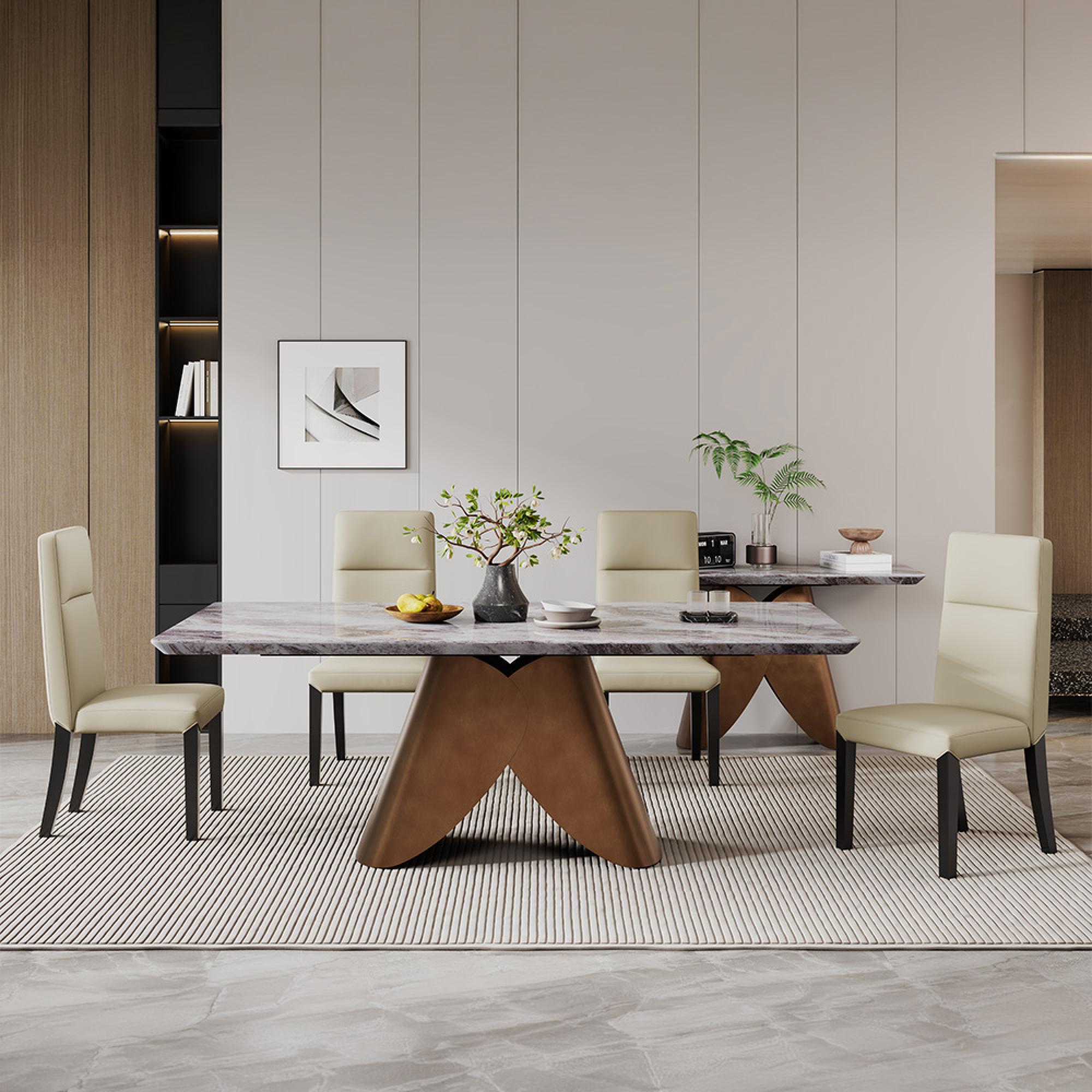 Enterprise Dining Set - 6 Seater - 180cm - Grey Marble - Venezia Dining Chairs - Cream Leather - High Back