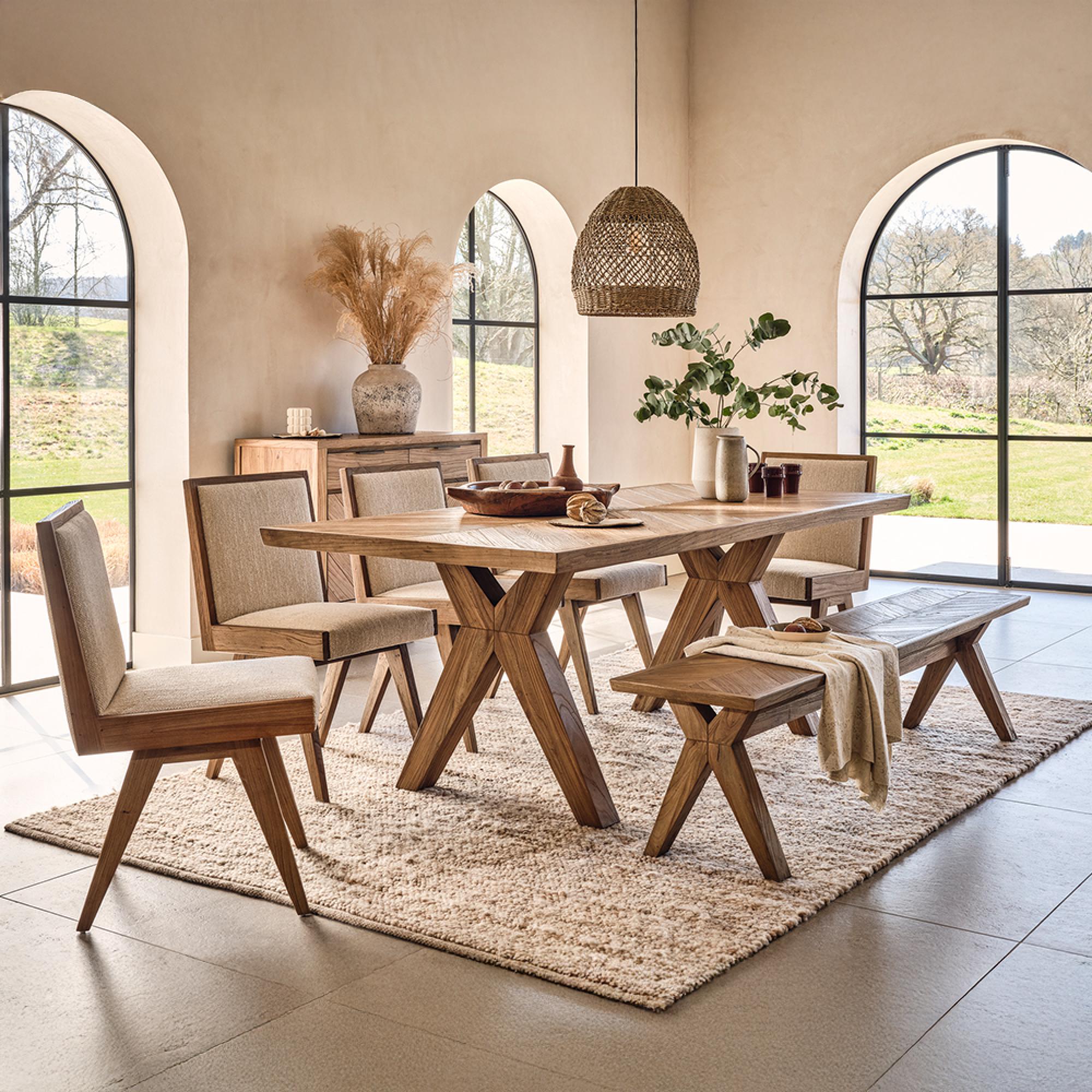 Sorrento Dining Set - 8 Seater - 205cm - Chevron - 5 Chairs and 1 Bench - Elm Wood