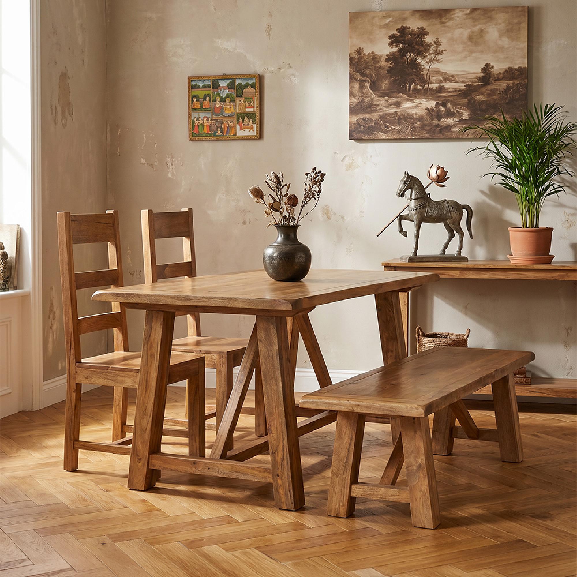 Odisha Dining Set - 4 Seater - with 2 Wooden Chairs and Bench - Solid Mango Wood